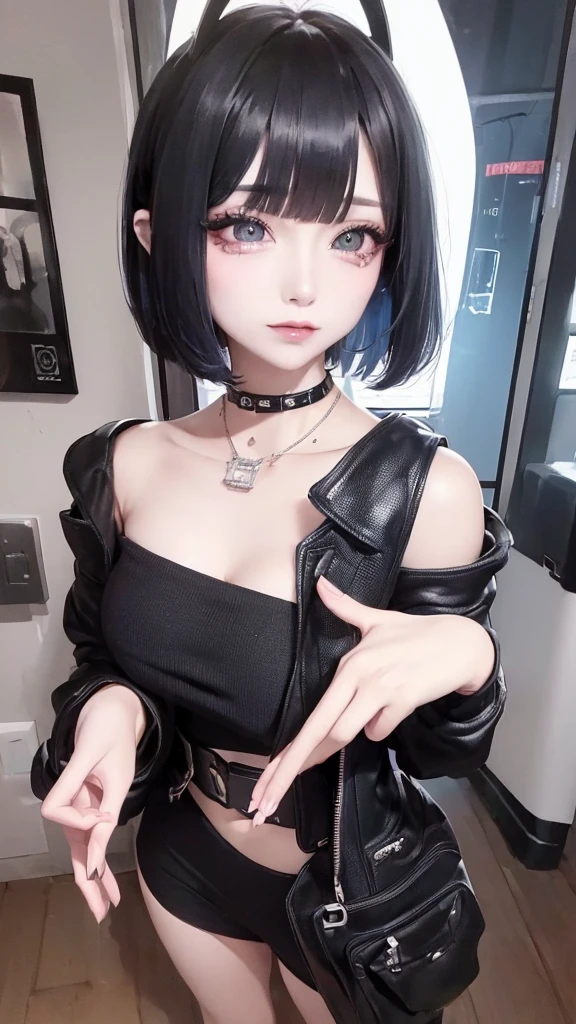 Alarin with blue hair and white shirt posing for photo, real anime girl, anime girl cosplay, Ulzzang, Kurohime cut hair, pure white skin, 1 7 - year old anime goth girl, anime cosplay, inspired by anime, Black-haired Sui Ishida, A mix of anime style and Fujifilm, cruel korean goth girl, cosplay