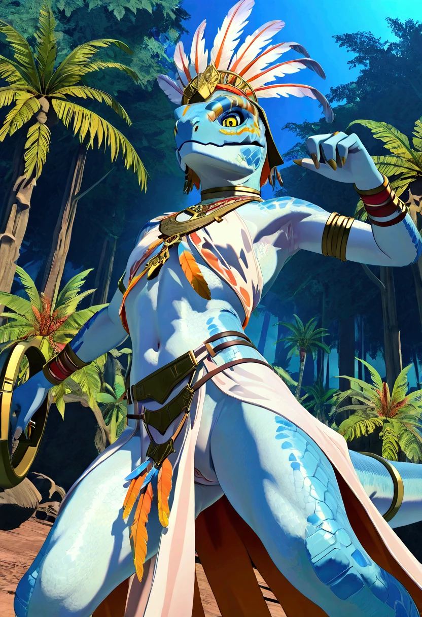 3d , female , SkinkSkirmisher , solo, looking at the viewer seductivly ,scalie ,blue body, blue scales, yellow eyes, simple background, jungle temple background, late night, tropical forest, dense vegetation, wearing edgCarnival, white silver shiny costume with white feathers, one-piece bodysuit, white silver shiny leotard, jewelry, white feather pan headress, white feather skirt, bracers with white feather pan, close mouth, good hand, dynamic angle, dancing pose, beautiful face, flawless face, detailed eyes, large eyes, beautiful girl, low angle view, dancing,