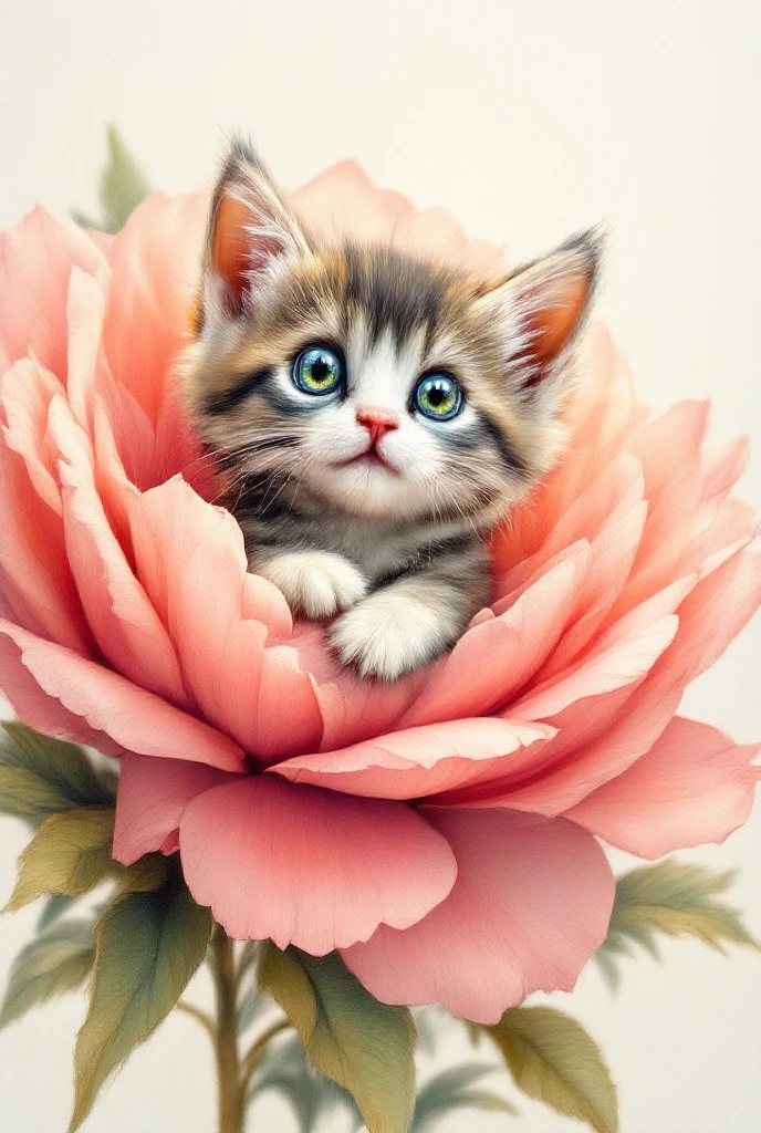 Cute  kitten sits in a huge peony flower, ultra high sharpness, extreme high resolution, english watercolor, vector illustration, fine pen outline drawing, drawing with thin colored pencils, 