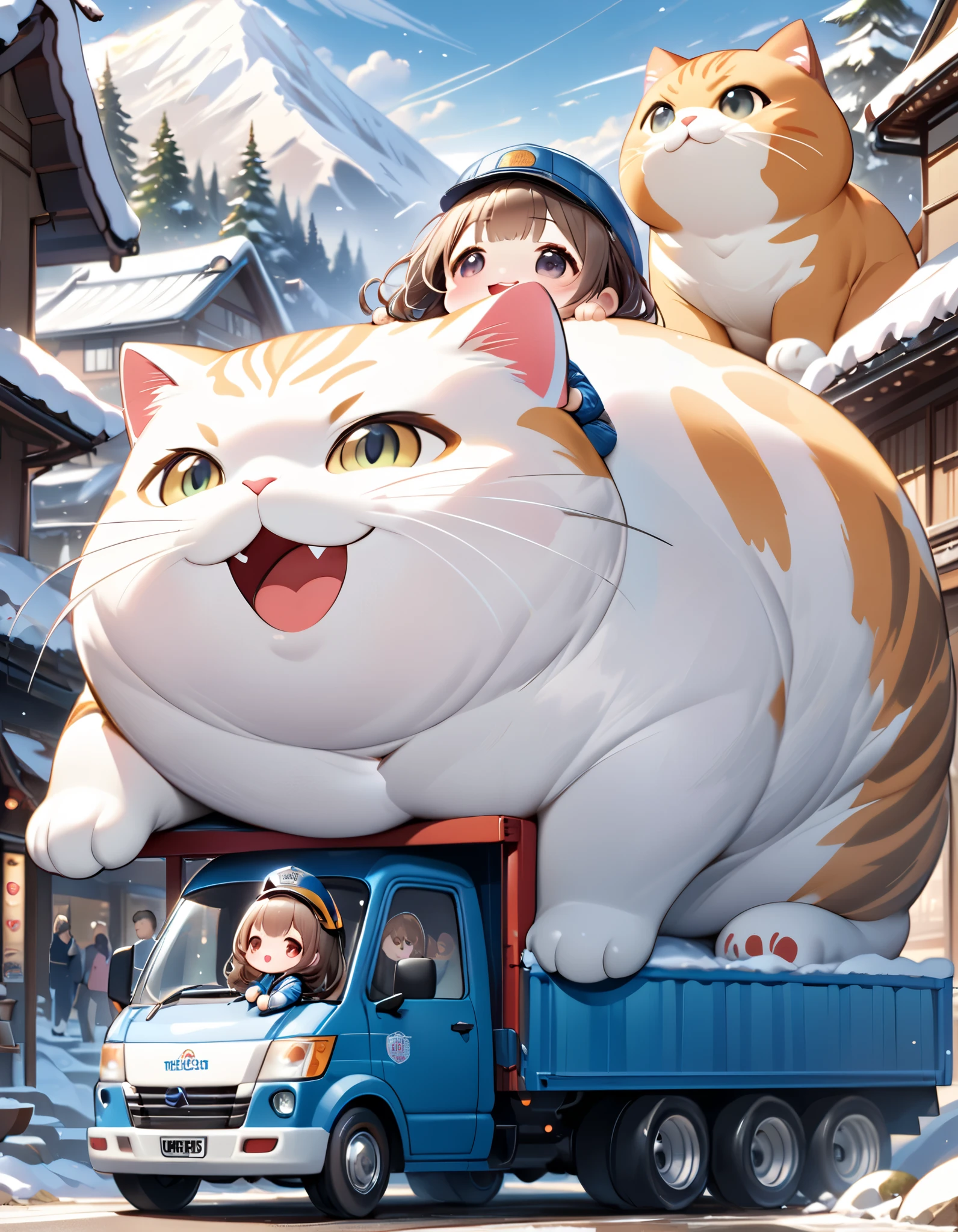 (masterpiece), (ultra-detailed), (best quality), (clear focus), dramatic scene, cinematic, shadow, (ultra-high resolution), (8k), perfect anatomy, perfect face, (detailed face), (detailed eye), (chibi:1.3), (cute Japanese chibi small girl:1.3), famous Japanese chibi idol, very beautiful with cute but cool face, (the girl is wearing a truck driver's outfit with coveralls with nylon jacket:1.2), boots, (medium breasts), (She is driving a small truck with very cute giant fat cats:1.3), at the shopping street in the mountain village, snow covered road, in winter, deep snow, leafless trees, (the giant fat cats are mewing on the truck:1.3), (detailed giant fat cat:1.3), they looks so happy, happy smile, (shoot from side), spectacular view of snow mountains