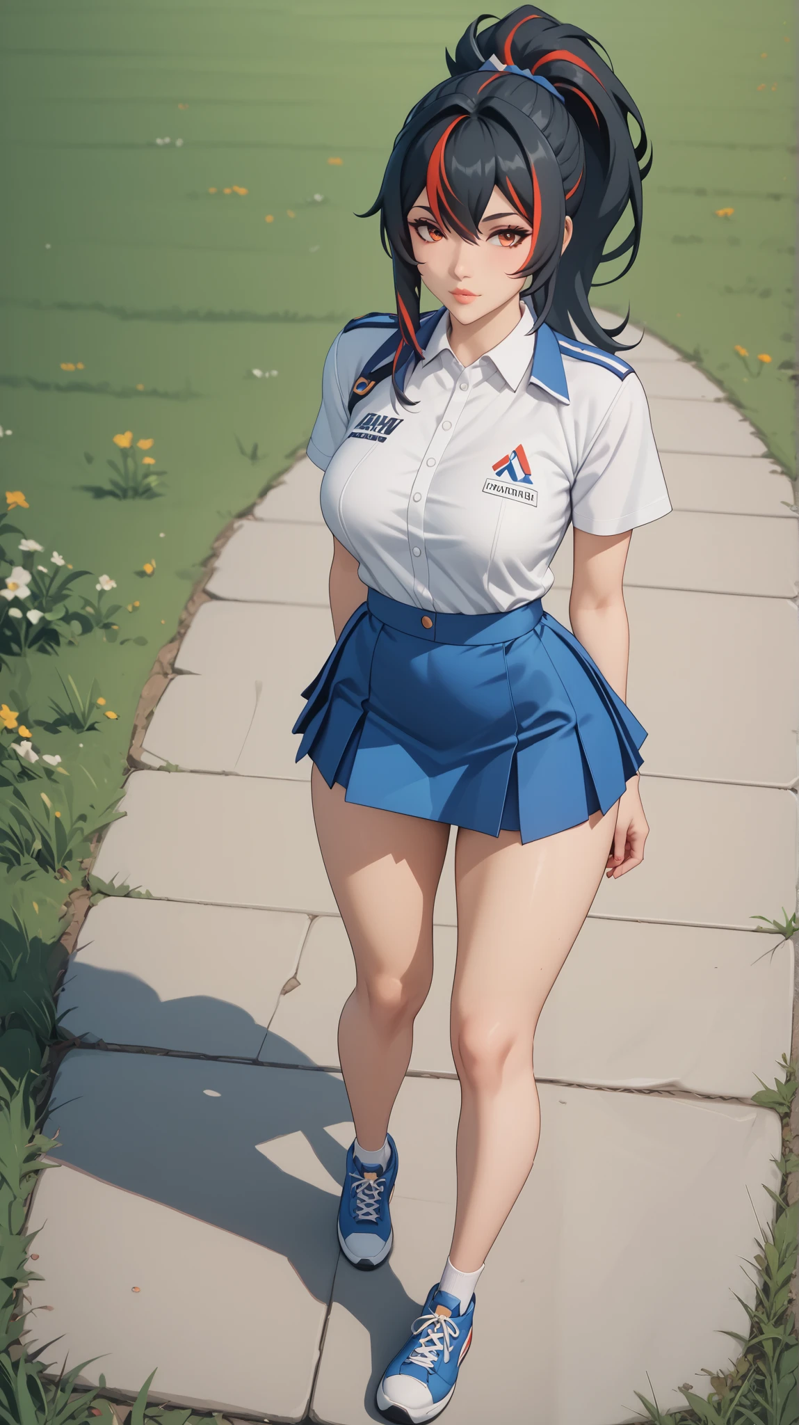Masterpiece, extremely detailed,4k,solo, 1girl, Zhu yuan, ponytail streaked hair, blussesh cheeks, long hair,full body ,perfect slim body ,long legs,arms behind back,perfect slim body, very large breasts, ((kawai face)),Klimaks ekspression,(thin lips),white tshirt,Short sleevee,  mini skirt, cowboy shoot,((grass)), Front look, ((looking at viewers)) 
