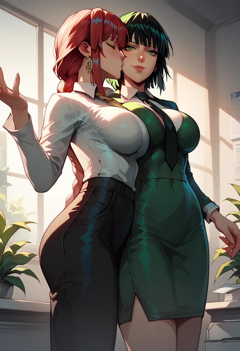 fubuki (one-punch man) black hair, short hair, tight green dress, long sleeves, collared dress, green eyes, perfect large breasts, view from below, sexy pose, dynamic angle Break, perfect lighting, shadows, makima, makima, long hair, smile, bangs, braid, red hair, braided ponytail, yellow ringed eyes, long sleeves, white shirt, necktie, black pants, formal, office lady, two women kissing each other, kissing, kissed, kiss