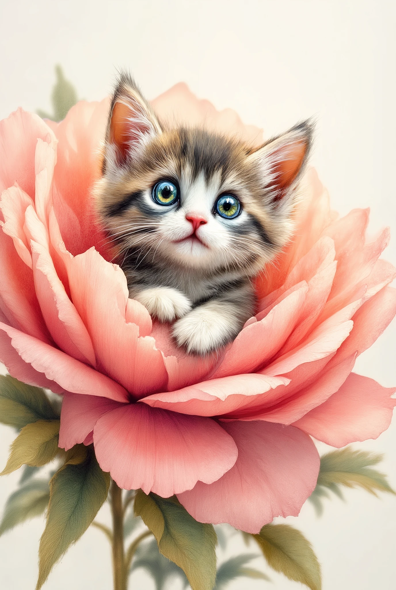 Cute  kitten sits in a huge peony flower, ultra high sharpness, extreme high resolution, english watercolor, vector illustration, fine pen outline drawing, drawing with thin colored pencils, 