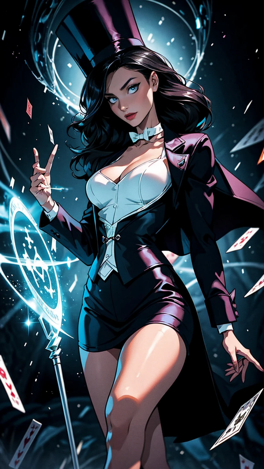 A female magician with an elegant and mysterious appearance, wearing a stylish black tailcoat, white corset, and fishnet stockings. She has long, flowing black hair, a classic magician's top hat, and holds a glowing magical staff in one hand while casting a spell with sparkling blue energy swirling around her fingers. The background is a mystical stage filled with swirling smoke, glowing runes, and enchanted playing cards floating in the air. The atmosphere is dramatic and full of arcane energy, blending fantasy and theatrical elegance.