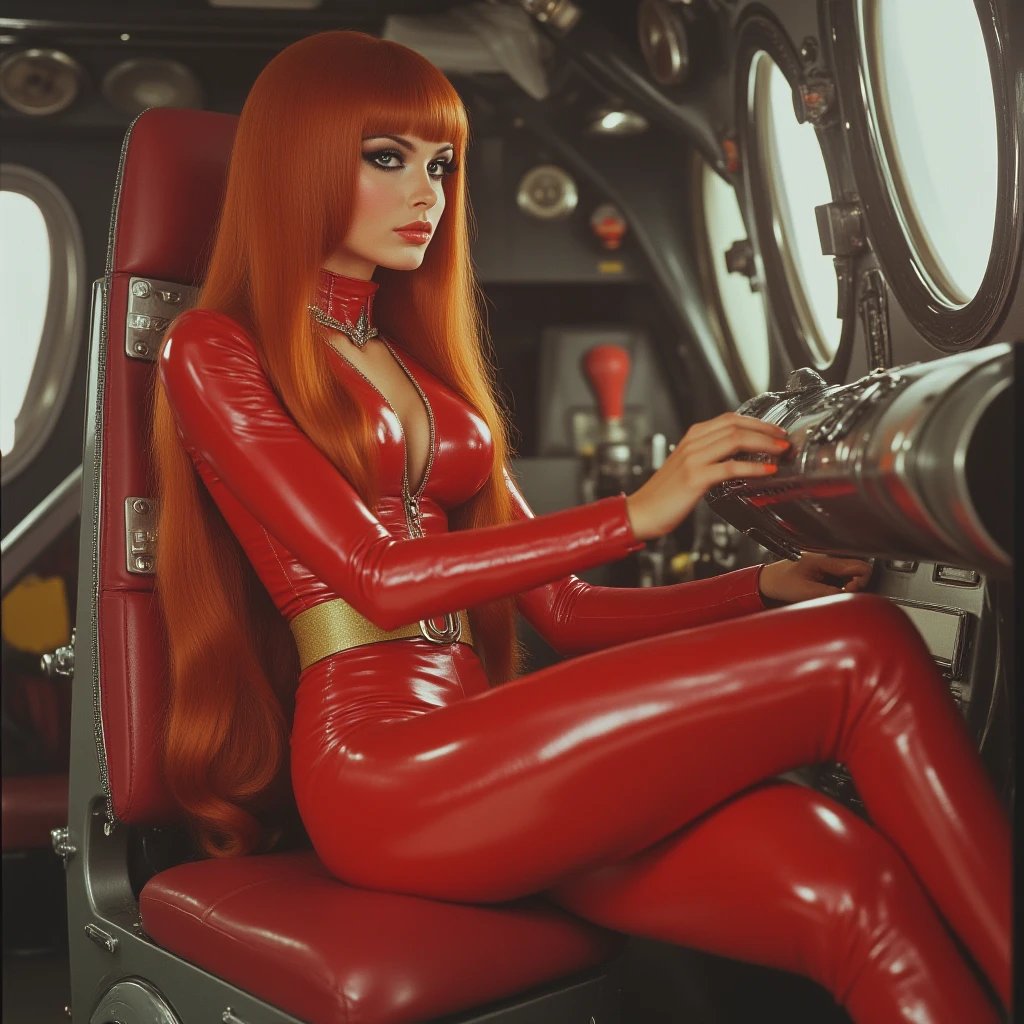 Posh rich fancy hot space girl, slavic Ethnicity, overly long silky 60s red hair, wearing a 1960s red shiny leather skintight catsuit which covers up her body zipped up, thick formal belt, leather gloves, thigh high leather high heel boots, piloting a rocket ship, sat in the cockpit of a luxurious rocket ship.
Very Long Hair,Absurdly Long Hair, 