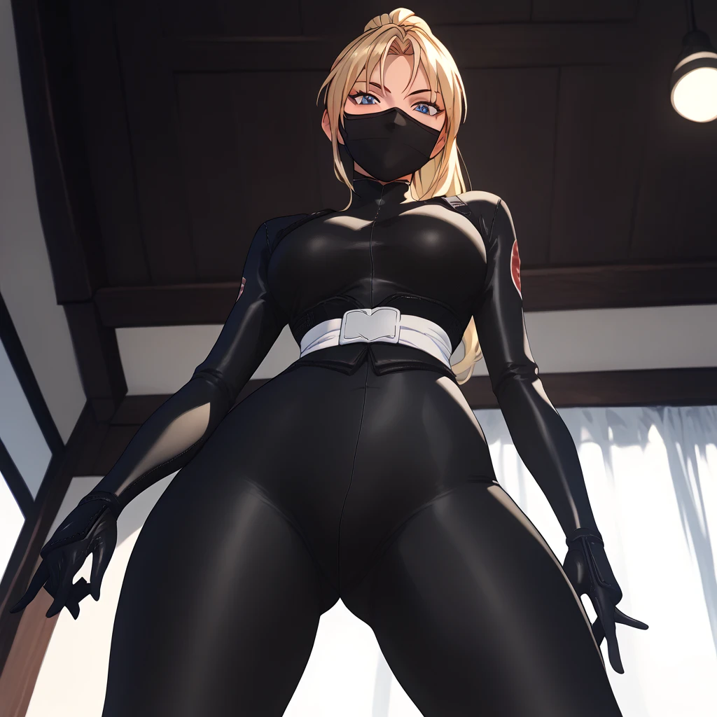                                                
                                   
 black body suit                       　            　 bed　                                　　　　　　　　　　      invited position 　 sexy　 showing private parts 　 open thighs　 　　　M-shaped legs　                      
   ecstatic expression　
Kaori Saeki　No hat　　　　　　                        
 long hair,  ponytail from below the surface, Blonde, ninja mask mouth mask