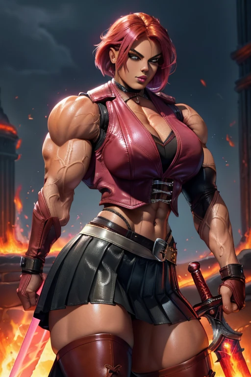 ((Close-up)), tall, (shocking pink hair) beautiful muscular woman, angled bob cut, light brown skinned, large breast, closed smile, (black lipstick), (massive muscles), (hyper muscle), ((ginormous bulky muscles)) red eyes, (((pink leather vest))), (((long pleated skirt))), ((carrying a pink fire sword)), choker, boots, in a mystical school,