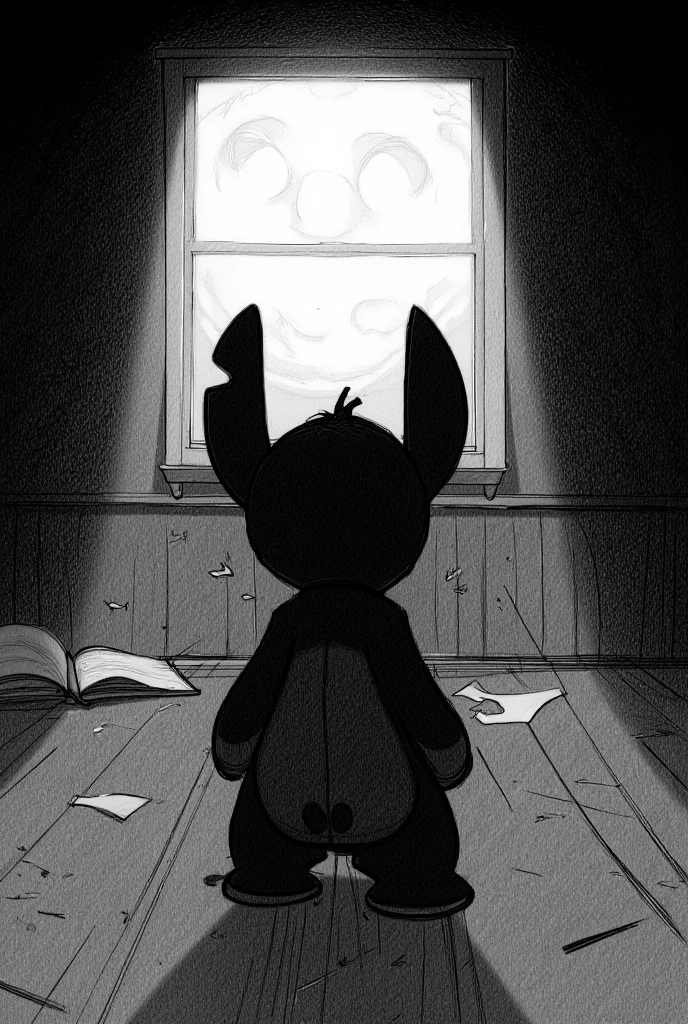 A black and white pencil drawing shows Disney's Stitch in a moment of deep reflection. He is standing with his back to the camera, looking out the window of your cabin, with the moonlight softly illuminating his face. His expression is one of sadness and resignation, as if the weight of the words he has read is taking away his hope.  Her eyes are low , and there is a slight tension in his body, with his hands slightly closed at his sides, as if he is trying to contain himself.

The environment around him reflects loneliness and introspection: the cabin is dark, except for the moonlight that enters through the window, casting soft shadows on the floor and walls. The blank screen of the device is in the background, symbolizing the drifting away from the messages and the bond he had created.

Disney's Stitch seems caught between the desire to continue and the need to do what feels right. The scene conveys a sense of loss and a moment of difficult decision, where he turns away not for lack of feelings, but out of respect for her and himself.