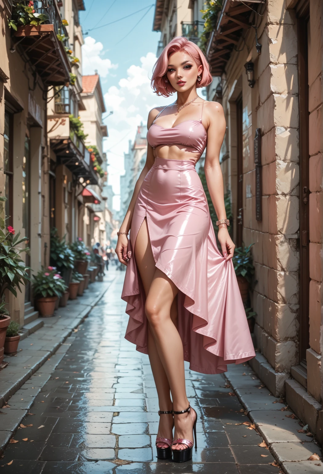  A woman with medium pink hair,  cut to the shoulders ,standing, wearing thin heels.