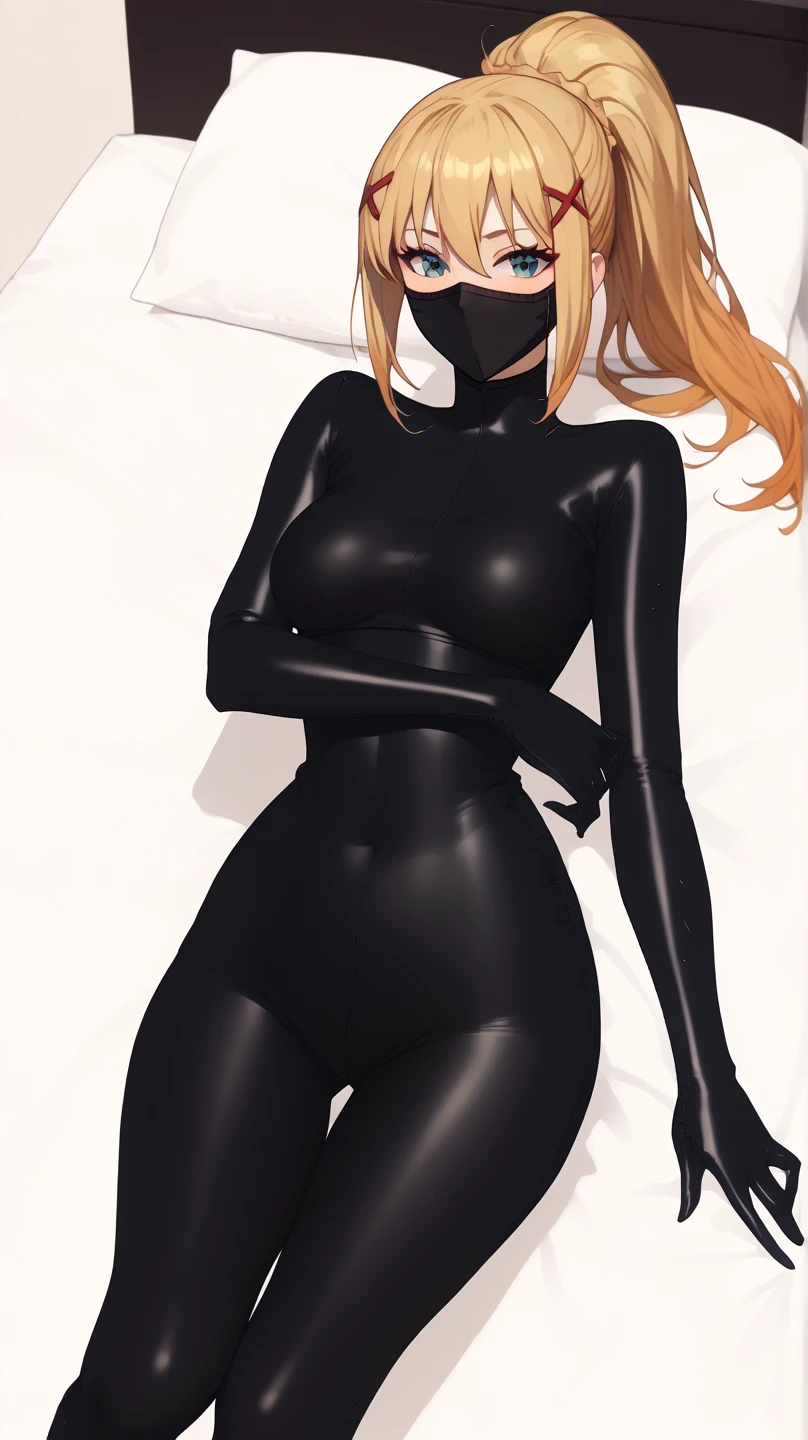                                                
                                   
 black  body suit      zentai                　            　 bed　                                　　　　　　　　　　      invited position 　 sexy　 showing private parts 　 open thighs　 　　　M-shaped legs　                      
   ecstatic expression　
darkness golden hair,  ponytail, ninja mask mouth mask