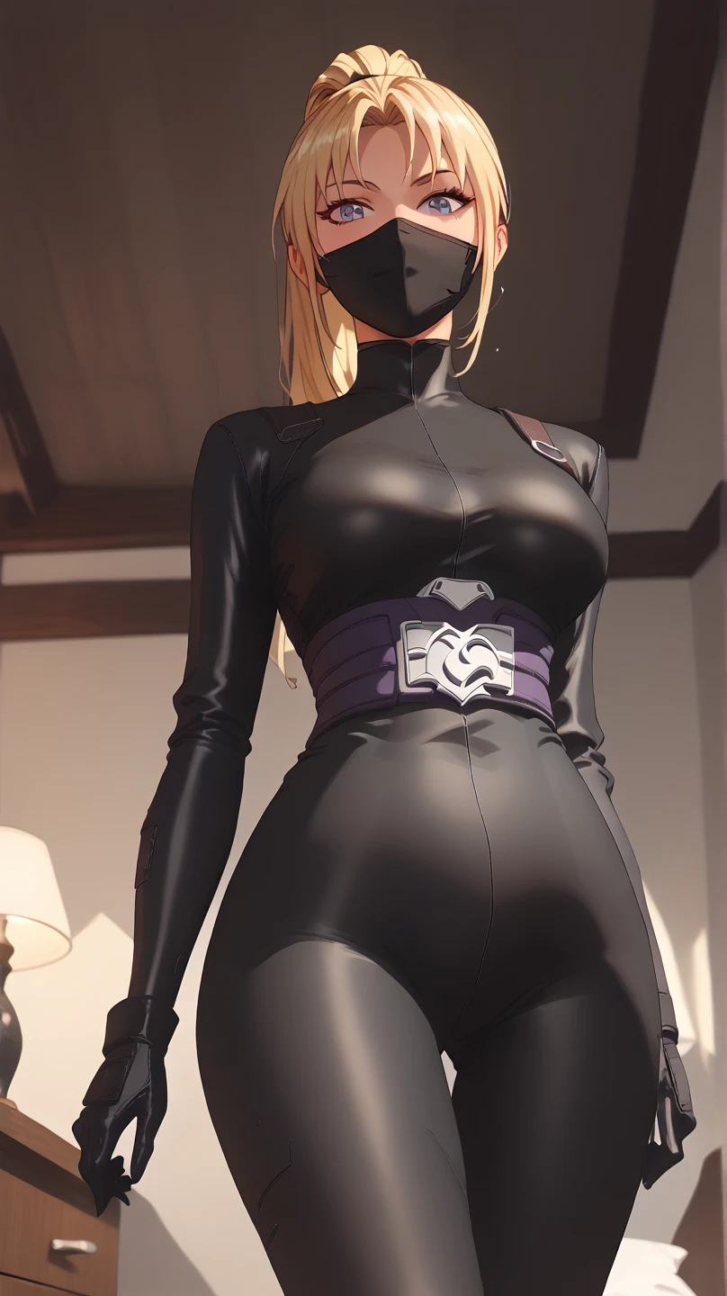                                                
                                   
 black body suit                       　            　 bed　                                　　　　　　　　　　      invited position 　 sexy　 showing private parts 　 open thighs　 　　　M-shaped legs　                      
   ecstatic expression　
Kaori Saeki　No hat　　　　　　                        
 long hair,  ponytail from below the surface, Blonde, ninja mask mouth mask