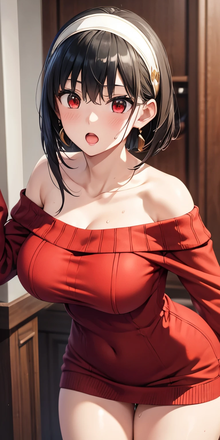 1 Female,High definition,high resolution,Ultra-realistic,8K,yor, 1girl, solo, looking at viewer, open mouth, black hair, red eyes, dress, bare shoulders, jewelry, collarbone, sidelocks, hairband, earrings, indoors, off shoulder, :o, sweater, short hair with long locks, white hairband, off-shoulder dress, sweater dress, off-shoulder sweater, red sweater, big side hair, very long side hair,black thong,European,sexy,Upper body close-up,Photographed from the front,Dynamic Angles,blush, big tits,cute face, facial, sweat, perfect face, perfect body,(wide thighs:1.3),cute face, selfie,cameltoe,(pussy)