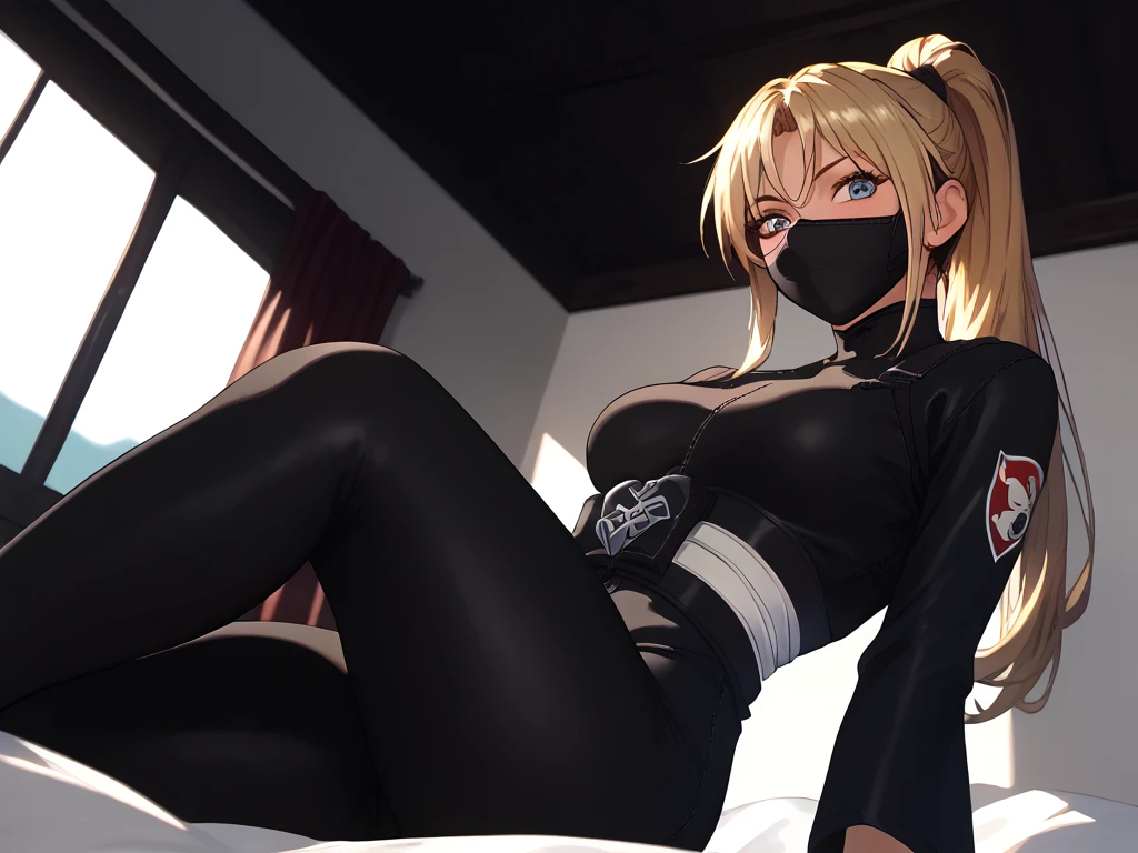                                                
                                   
 black body suit                       　            　 bed　                                　　　　　　　　　　      invited position 　 sexy　 showing private parts 　 open thighs　 　　　M-shaped legs　                      
   ecstatic expression　
Kaori Saeki　No hat　　　　　　                        
 long hair,  ponytail from below the surface, Blonde, ninja mask mouth mask