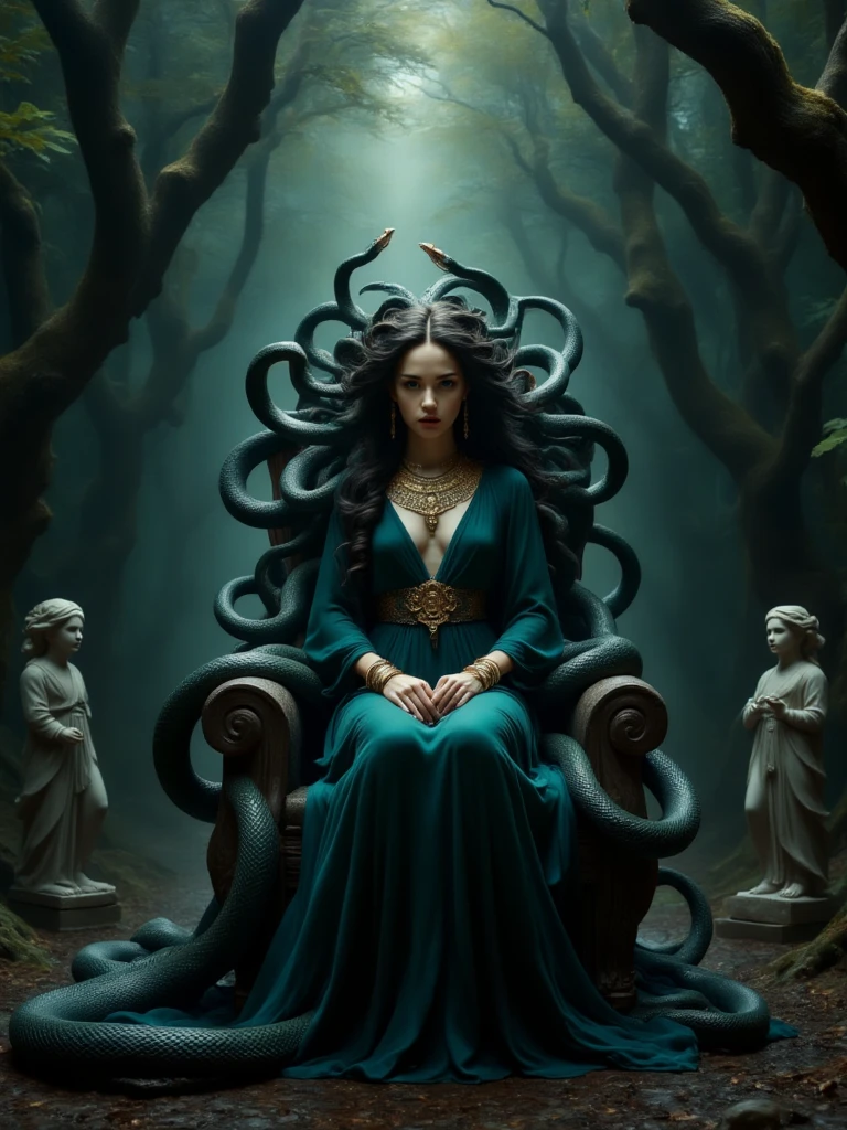 very wide shot, perspective, Medusa, detailed face, her hair is composed of writhing snakes, sitting on the throne shrouded in deep shadows, a regal and terrifying figure, beautiful, ((flowing Grecian robe made of deep black silk with subtle green undertones)), golden snake-themed jewelry BREAK ultra high res, extremely detailed, ((raw photo, realistic, photorealistic)), deep focus, sense of depth, dark atmosphere, menacing, mystical, sense of haunting beauty BREAK in a mysterious deep dark forest, dense fog, towering twisted trees, ((several stone statues of adventurers frozen mid-motion in the foreground)), dim beams of light penetrate through the forest canopy, cinematic lighting, high contrast lighting, (((masterpiece, best quality, high quality)))