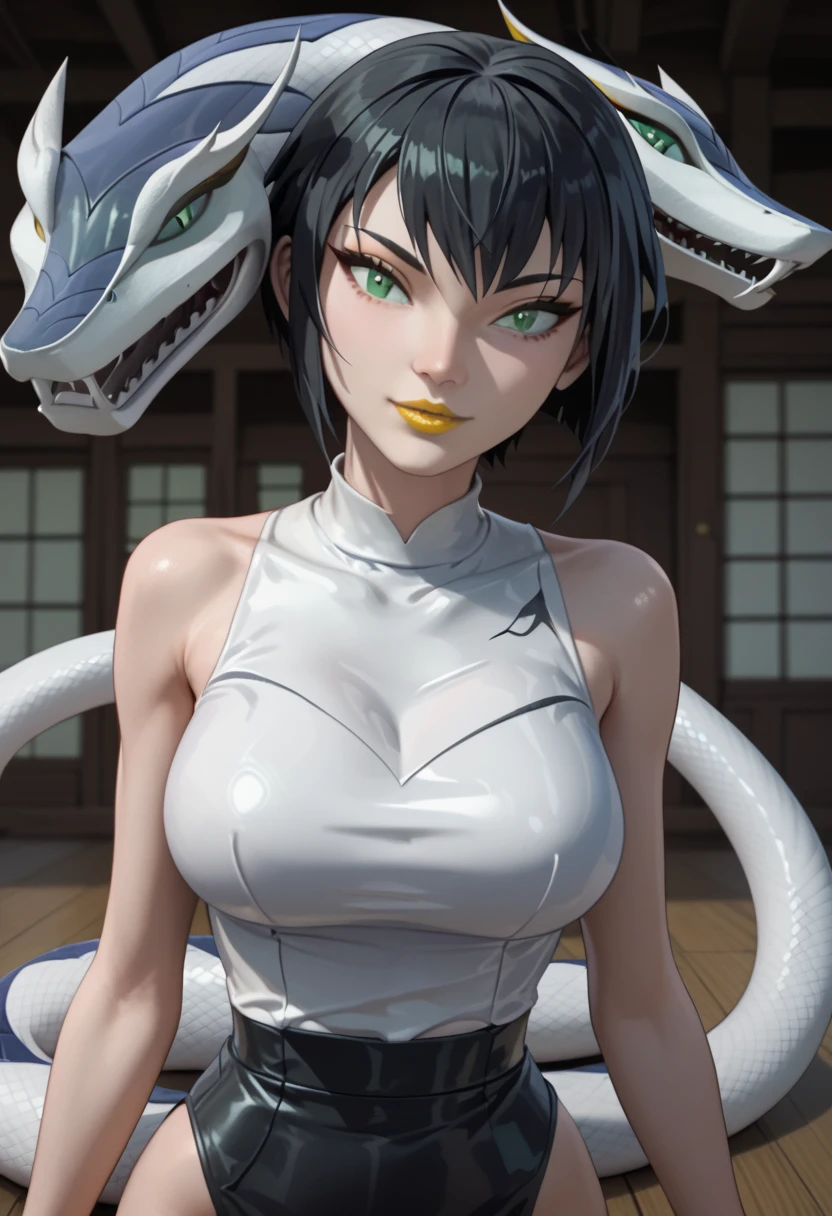 woman, big breasts, yellow lipstick, anime style, green eyes, white skin, black hair, short hair, snake, snake eyes, snake tail, white snake, Karai