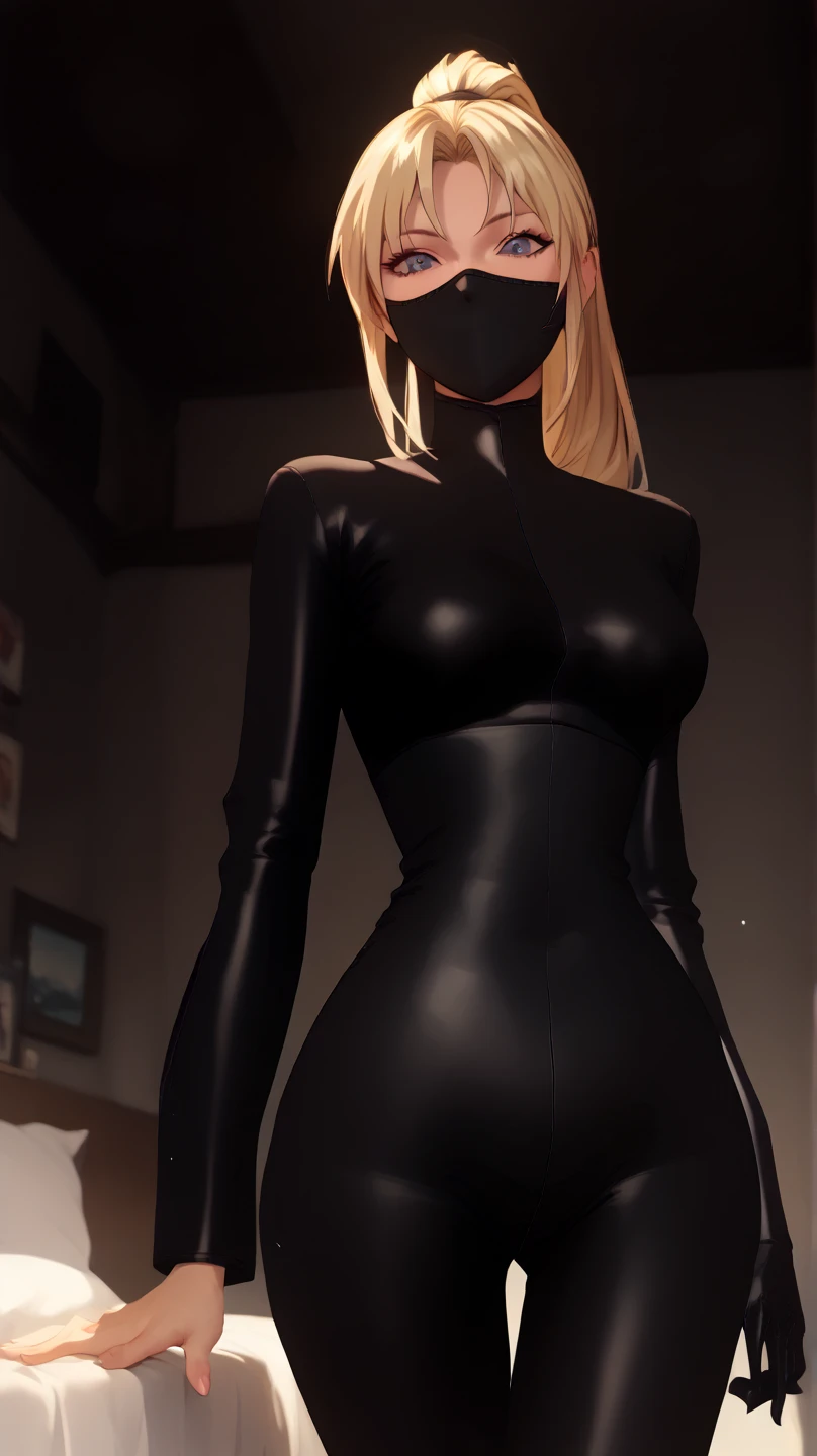                                                
                                   
 black body suit                       　            　 bed　                                　　　　　　　　　　      invited position 　 sexy　 showing private parts 　 open thighs　 　　　M-shaped legs　                      
   ecstatic expression　
Kaori Saeki　No hat　　　　　　                        
 long hair,  ponytail from below the surface, Blonde, ninja mask mouth mask