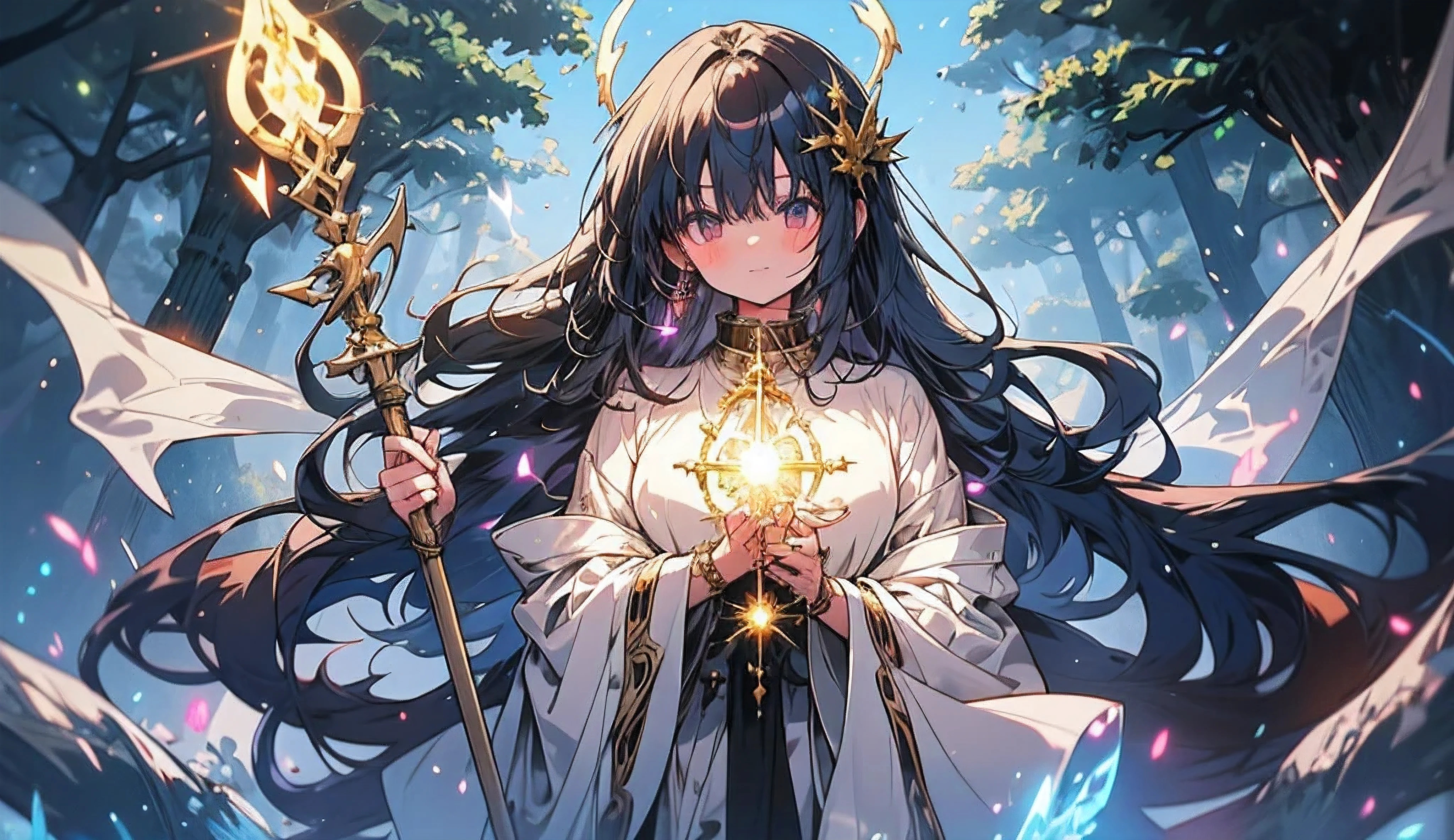 Anime scene of a mage standing in a glowing, enchanted forest. The mage is clad in a flowing robe adorned with runes, holding a staff with a radiant crystal. The forest is filled with massive, ancient trees, their roots twisting into the ground. Ethereal light filters through the canopy, illuminating magical creatures hovering in the air. Swirling energy and glowing plants create a mystical atmosphere, with the mage exuding power and serenity."