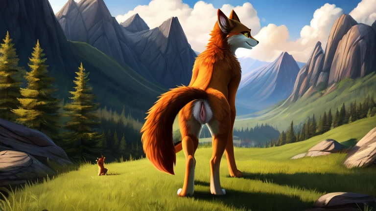 a female fox with orange fur, furskin, completely nude, standing in lush green forest , wide hips, large round breasts, nipples, tight round buttocks, visible vagina, tail, swaying hips, smiling, hyper detailed, high quality, 8k, realistic, photorealistic, masterpiece, intricate details, cinematic lighting, warm color palette, studio lighting, physically-based rendering, ultra-realistic, beautiful detailed eyes, beautiful detailed lips, slim body, slender thighs, ass view Sharp focus on her ass