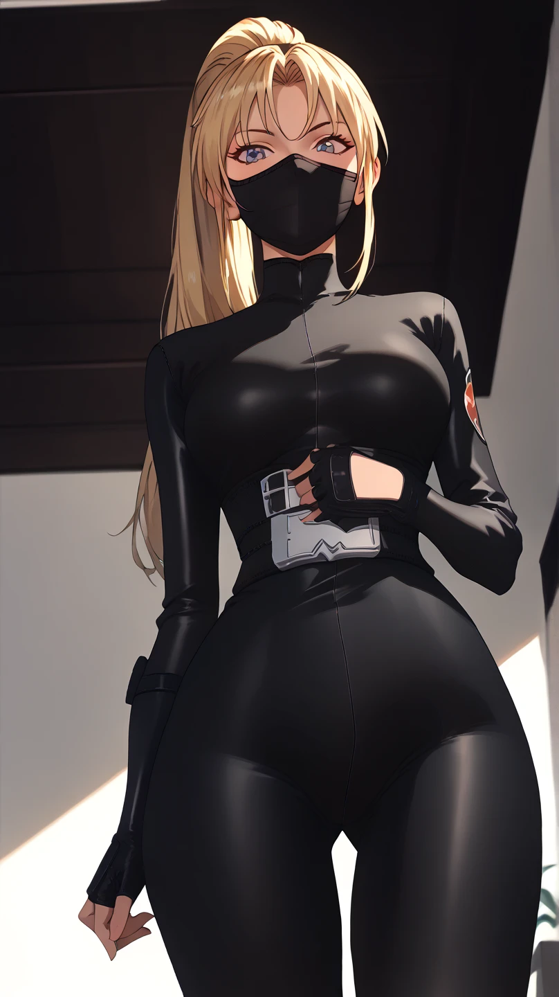                                                
                                   
 black body suit                       　            　 bed　                                　　　　　　　　　　      invited position 　 sexy　 showing private parts 　 open thighs　 　　　M-shaped legs　                      
   ecstatic expression　
Kaori Saeki　No hat　　　　　　                        
 long hair,  ponytail from below the surface, Blonde, ninja mask mouth mask