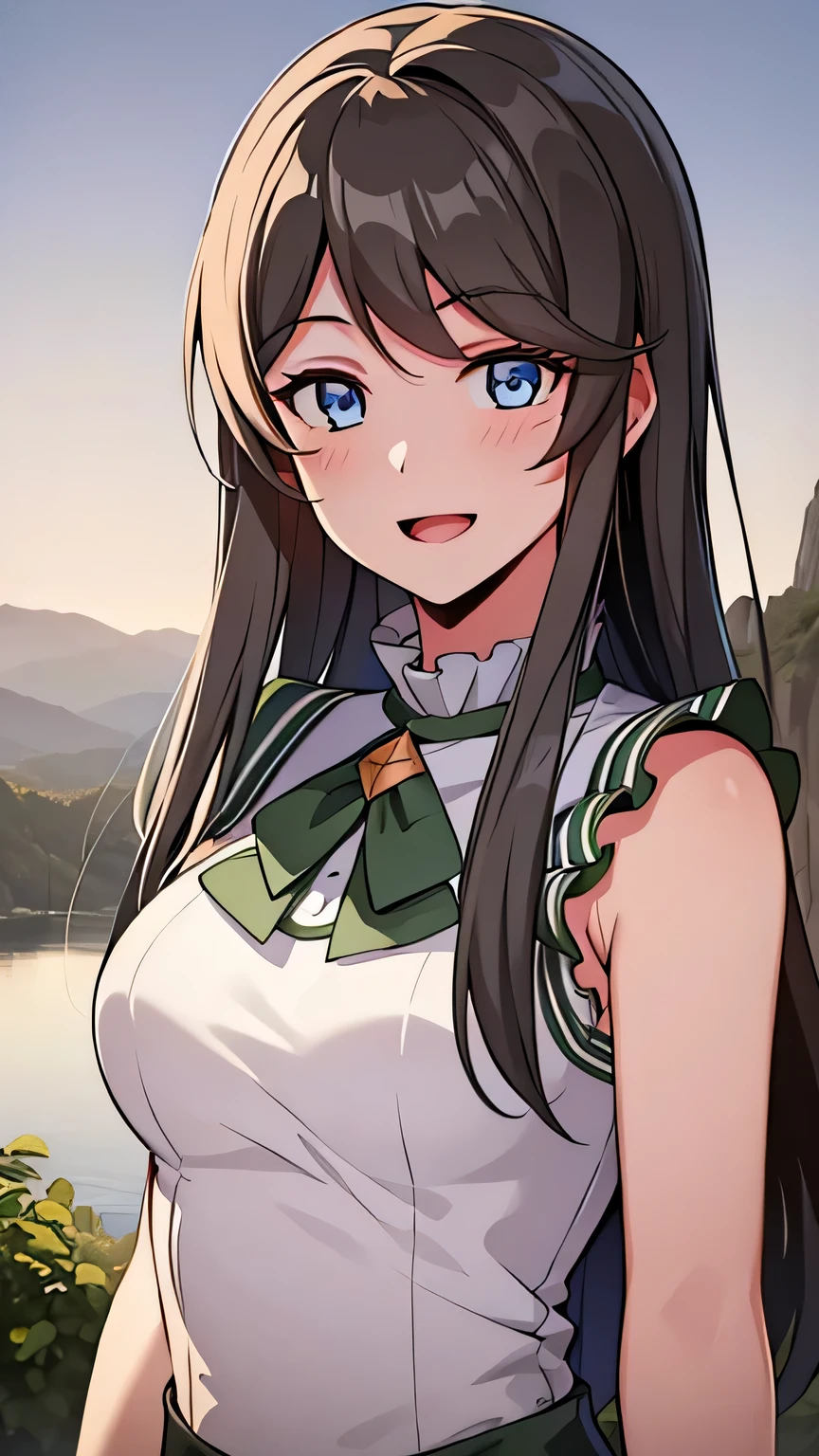 quality, masterpiece, highly detailed, 8k, masterpiece, tilly wimbledon, sleeveless, 1girl, smile, open mouth, blush, detailed face, detailed eyes, medium breast, blue eyes, top of mountain, night, moon, armpit