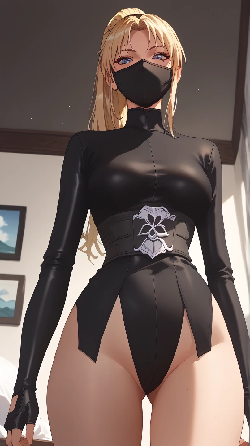                                                
                                   
 black body suit                       　            　 bed　                                　　　　　　　　　　      invited position 　 sexy　 showing private parts 　 open thighs　 　　　M-shaped legs　                      
   ecstatic expression　
Kaori Saeki　No hat　　　　　　                        
 long hair,  ponytail from below the surface, Blonde, ninja mask mouth mask