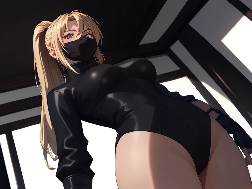                                                
                                   
 black body suit                       　            　 bed　                                　　　　　　　　　　      invited position 　 sexy　 showing private parts 　 open thighs　 　　　M-shaped legs　                      
   ecstatic expression　
Kaori Saeki　No hat　　　　　　                        
 long hair,  ponytail from below the surface, Blonde, ninja mask mouth mask