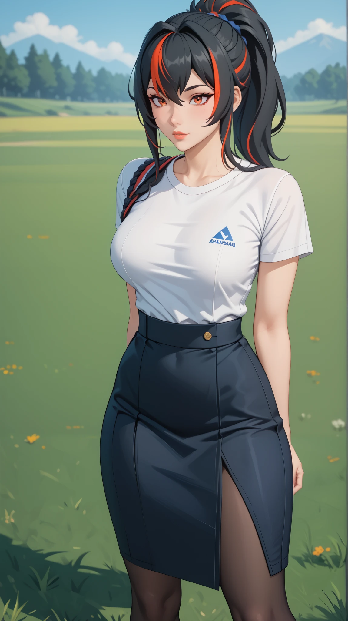 Masterpiece, extremely detailed,4k,solo, 1girl, Zhu yuan, ponytail streaked hair, blussesh cheeks, long hair,full body ,perfect slim body ,long legs,arms behind back,perfect slim body, very large breasts, ((kawai face)),Klimaks ekspression,(thin lips),white tshirt,Short sleevee, Black span skirt, cowboy shoot,((grass)), Front look, ((looking at viewers))
