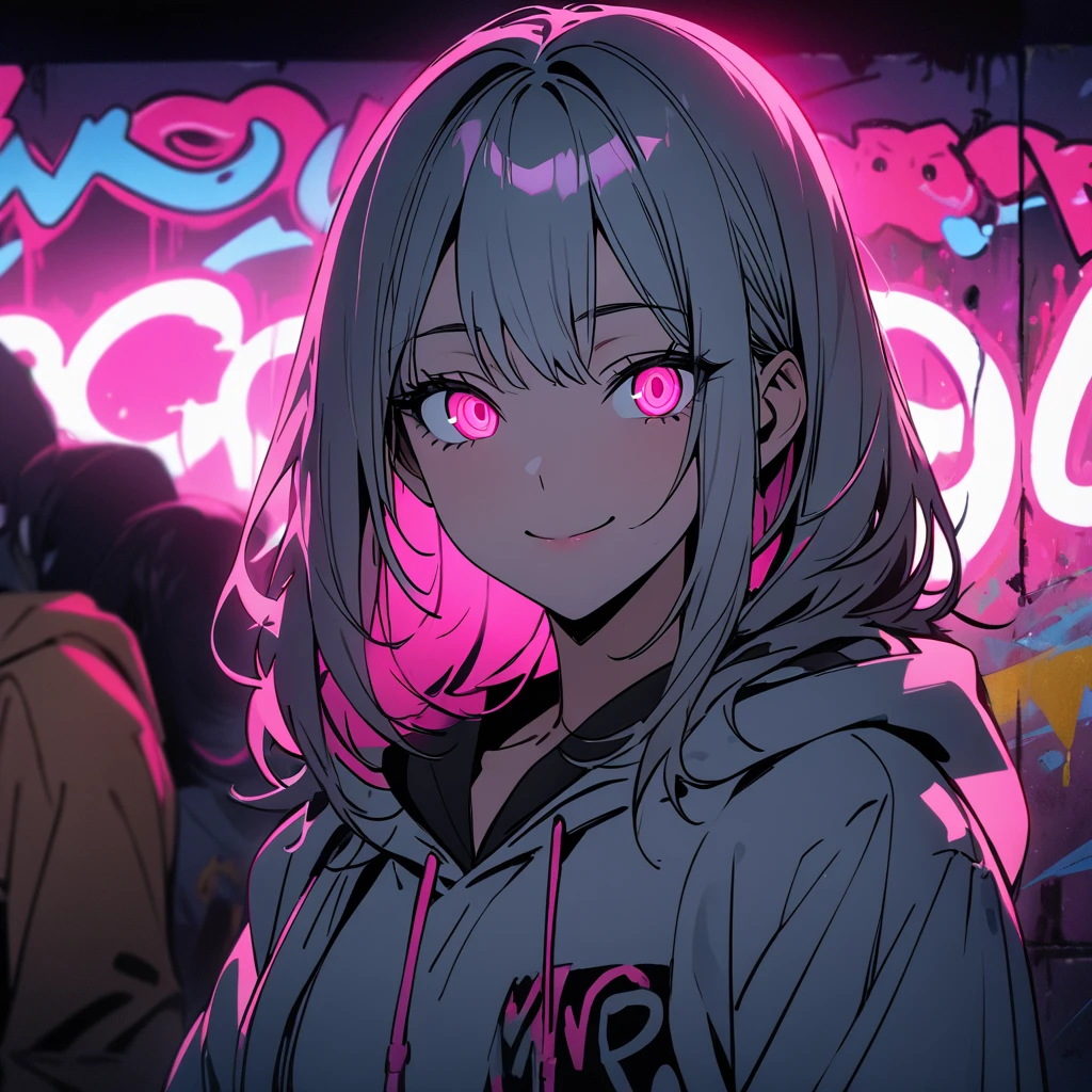 masterpiece, Best Quality, 8k, detailed background, masterpiece, Best Quality, smile,  t I ,  HOODIE, Portraiture, Neon Pink, graffiti, dark, night, Shining Eyes,  Black Light,Shuna