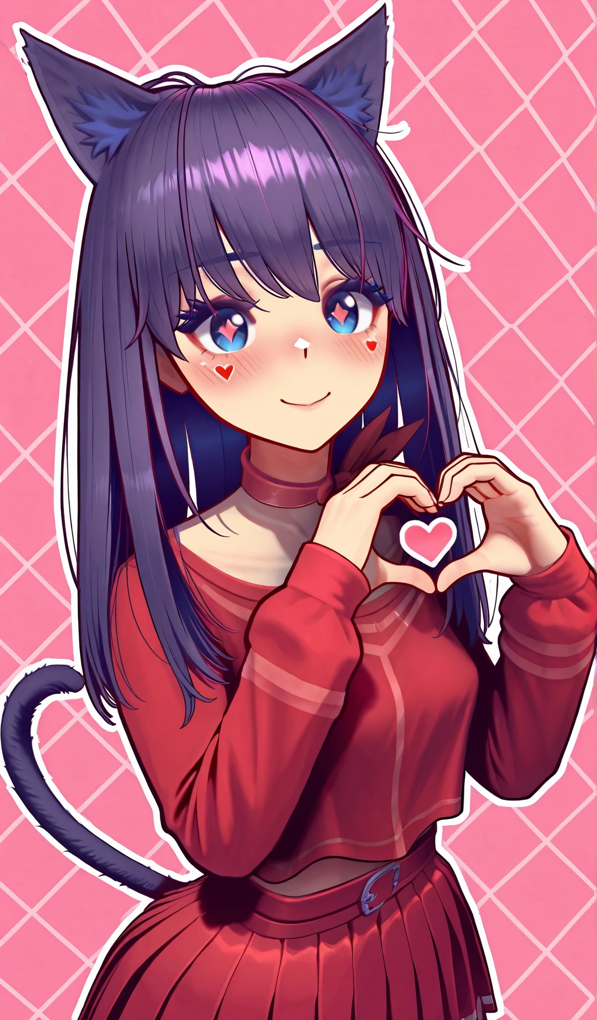 KindMita, 1girl, long hair, red shirt, pleated skirt,cat girl, cat ears, cat tail, blush, cute smile, best quality, expressive eyes, perfect face,,heart hands, heart, cool detailed background, aestetic