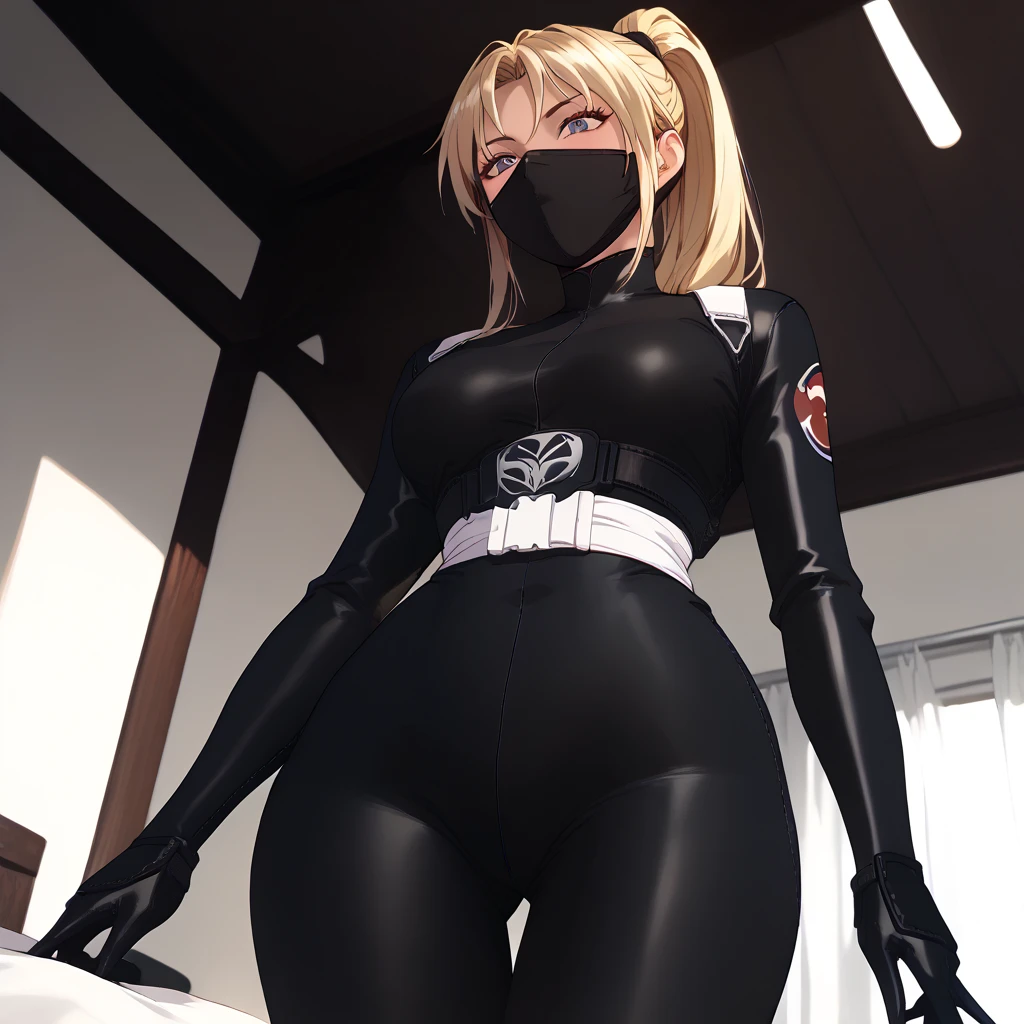                                                
                                   
 black body suit                       　            　 bed　                                　　　　　　　　　　      invited position 　 sexy　 showing private parts 　 open thighs　 　　　M-shaped legs　                      
   ecstatic expression　
Kaori Saeki　No hat　　　　　　                        
 long hair,  ponytail from below the surface, Blonde, ninja mask mouth mask