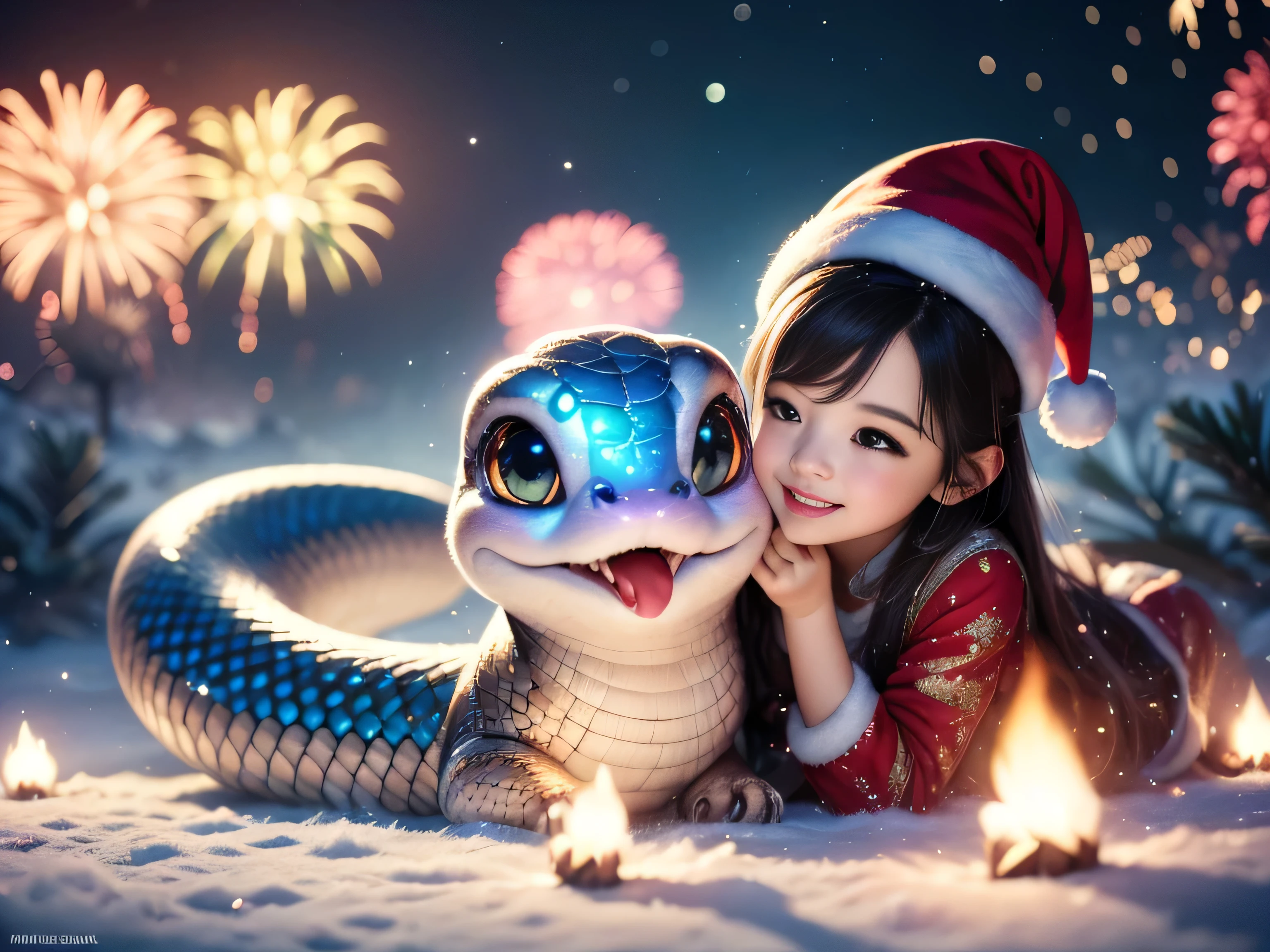 Magical Fantasy Creature, (Best Quality, Masterpiece, Representative Work, Official Art, Professional, Super Detailed, 8k:1.3), (Photorealism:1.2) Hyperrealistic fantasy art. Medium shot. Highly textured, hyperrealistic 3D render, Super Cute, A very cute little snake, curved in an "S" shape, with brightly colored scales. It wears a Santa hat on its head, giving it a playful and festive look. The snake sits on a snowy surface, its head raised, looking with delight at the sparkling fireworks exploding in the Christmas sky. The snake's eyes are large and full of admiration, reflecting the lights of the fireworks. in a bright and cheerful illustration style, with an emphasis on the cute features of the snake. rich and cheerful colors for the scales: a combination of green, red and white. The fireworks should be bright and varied, including gold and silver tones, creating a festive atmosphere. Convey a sense of joy and magic. The snake should look happy and excited, so that the viewer feels the atmosphere of the New Year holiday and magic. The background should be a night sky filled with bright fireworks that sparkle and develop in various shapes. Add snowdrifts and a few decorated Christmas trees to create a cozy and festive atmosphere. Soft focus with a soft volumetric glow. Gouves style artwork, Realism: 1.37, (super fine fantasy art), Masterpiece, high quality design and accurate physics, (super accurate fantasy style)) art, dark fantasy style)), super accurate design and accurate physics), color, depth of field, shadows, ray tracing, (accurate simulation of the interaction of light and materials)], intricate Christmas decorations, glowing garlands, sparkling ornaments, natural light, soft background, photorealistic, sparkling eyes, sharp focus, glowing skin, cute and mischievous look, hint of mischief, dreamy atmosphere, super glossy effect, fine details, soft ambient light, (Backlight: 1.3), (Cinematic: 1.2), intricate details, (ArtStation: 1.3)