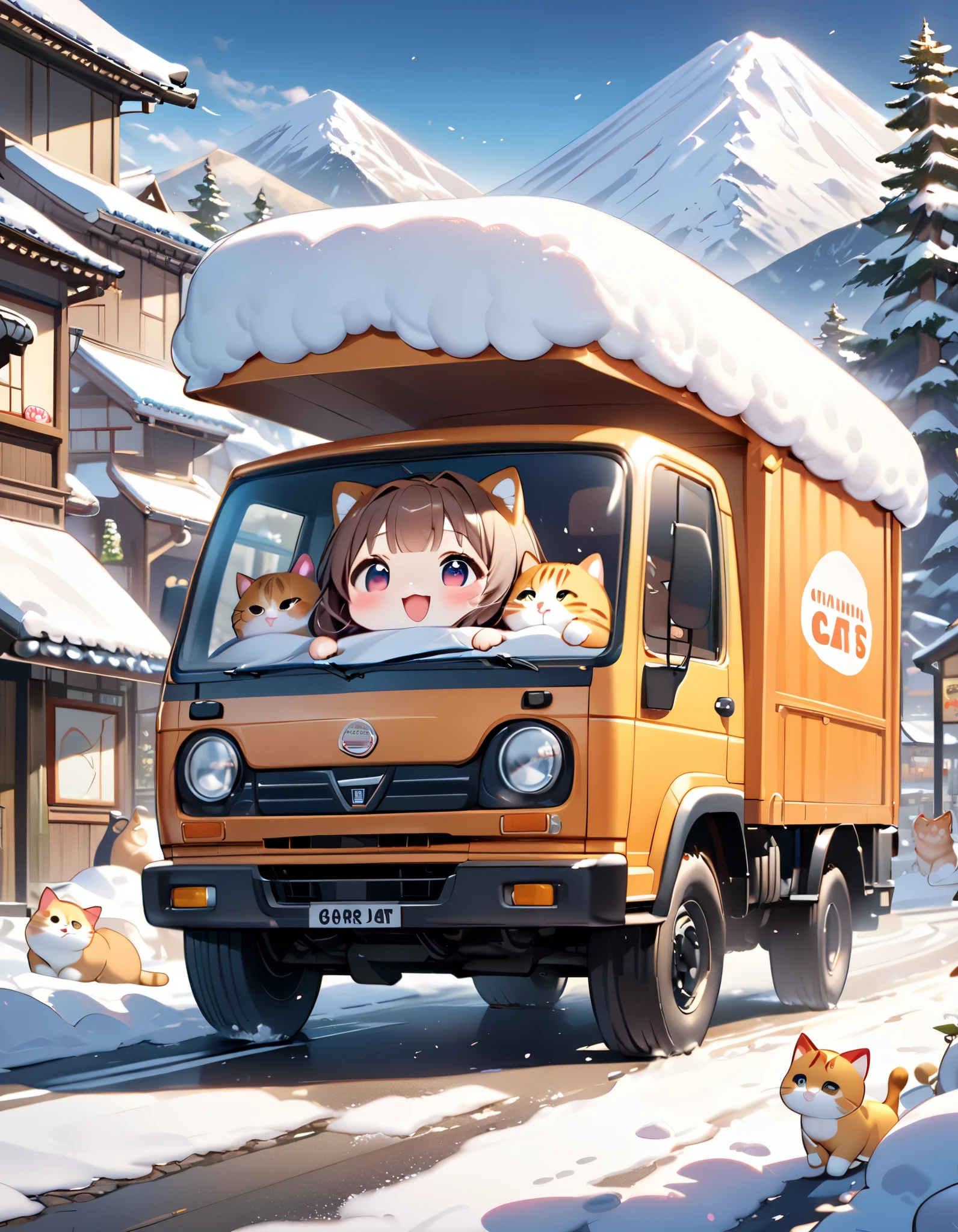 (masterpiece), (ultra-detailed), (best quality), (clear focus), dramatic scene, cinematic, shadow, (ultra-high resolution), (8k), perfect anatomy, perfect face, (detailed face), (detailed eye), (chibi:1.3), (cute Japanese chibi small girl:1.3), famous Japanese chibi idol, very beautiful with cute but cool face, (the girl is wearing a truck driver's outfit with coveralls with nylon jacket:1.2), boots, (medium breasts), (She is driving a small truck with very cute giant fat cats:1.3), at the shopping street in the mountain village, snow covered road, in winter, deep snow, leafless trees, (She opened the truck's cargo door and there was a giant fat cat meowing:1.3), (detailed giant fat cat:1.3), they looks so happy, happy smile, (shoot from side), spectacular view of snow mountains
