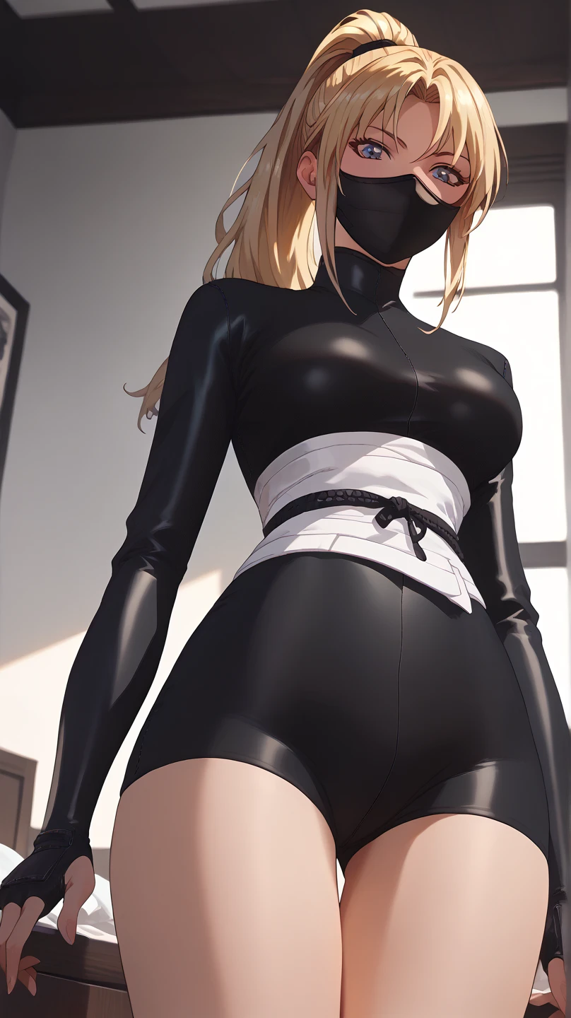                                                
                                   
 black body suit                       　            　 bed　                                　　　　　　　　　　      invited position 　 sexy　 showing private parts 　 open thighs　 　　　M-shaped legs　                      
   ecstatic expression　
Kaori Saeki　No hat　　　　　　                        
 long hair,  ponytail from below the surface, Blonde, ninja mask mouth mask