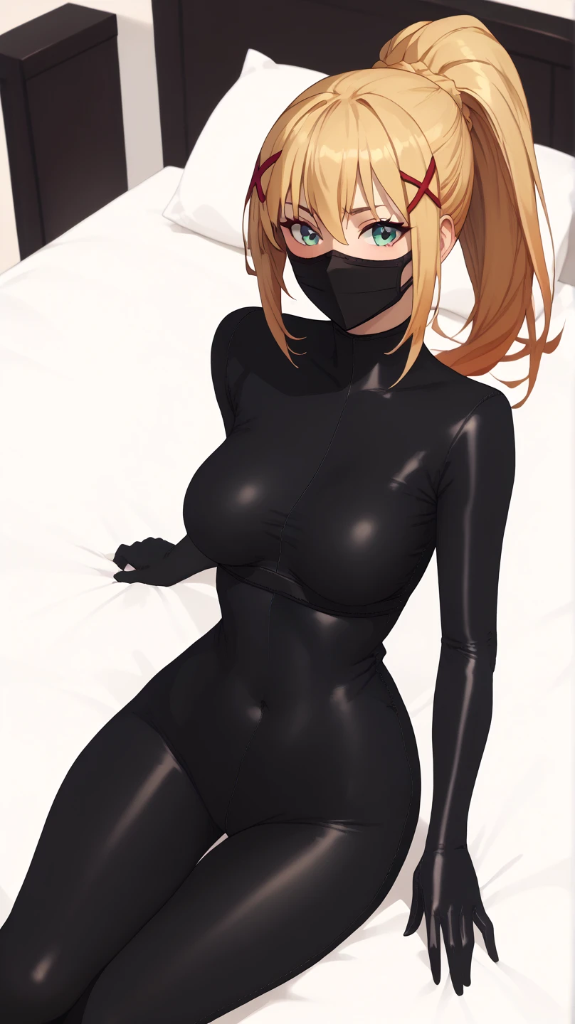                                                
                                   
 black  body suit      zentai                　            　 bed　                                　　　　　　　　　　      invited position 　 sexy　 showing private parts 　 open thighs　 　　　M-shaped legs　                      
   ecstatic expression　
darkness golden hair,  ponytail, ninja mask mouth mask