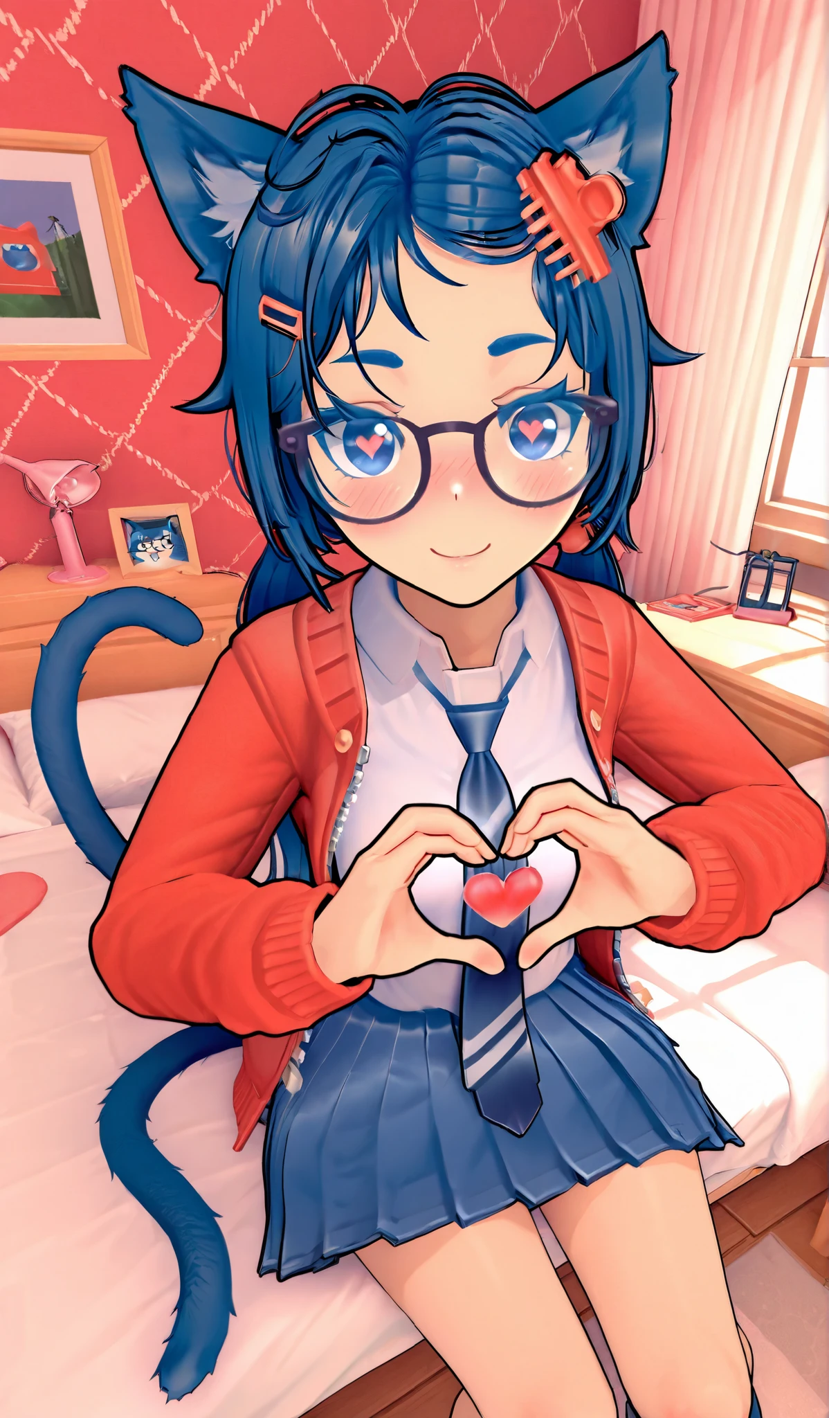 Mila, 1girl, glasses, jacket, necktie, pleated skirt, hair ornament,sitting on bed,cat girl, cat ears, cat tail, blush, cute smile, best quality, expressive eyes, perfect face,,heart hands, heart, cool detailed background, aestetic, 