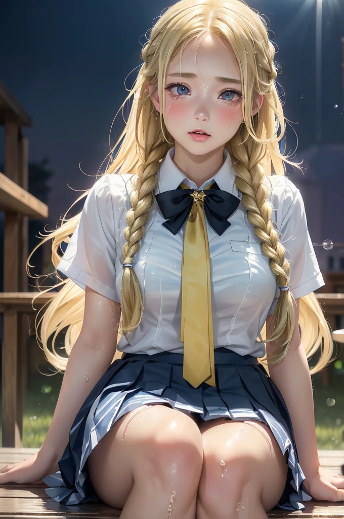 ((Highest quality)), ((masterpiece)), (detailed), Braided long hair, ((Blonde)), (A high school girl and an old man:1.4), beautiful girl, (upright straddle:1.3), (girl on top), (licking), Very cute eyes, False eyelashes, (((Watery eye))), (surprised), (She's in trouble), Glossy thick lips, Glowing White Skin, Pleated skirt, outside, moonlight, shooting star, Wind