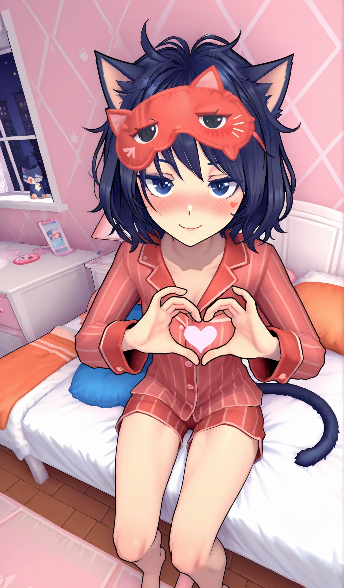 SleepyMita, 1girl, sleep mask, messy hair, pajamas, shorts,sitting on bed,cat girl, cat ears, cat tail, blush, cute smile, best quality, expressive eyes, perfect face,,heart hands, heart, cool detailed background, aestetic, 