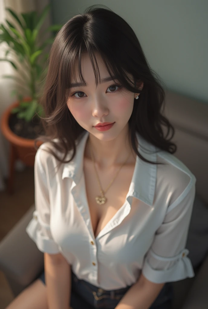 ((medium chest, girl , small head)), ((15 daylight, sunlight, (perfect body: 1.1), (young), (short wavy hair: 1.2), full body shot, (girl in school uniform: 1.4, pleated skirt, button-down shirt), (extremely detailed 8k CG wallpaper), (an extremely delicate and beautiful), (masterpiece), (best quality: 1.0), (ultra tall: 1.0), beautiful lighting,  perfect lighting, realistic shadows, [high], detailed, ultra-detailed skin, legs open, legs up, sloping, large earrings, thighs, (beautiful long hair), fine collarbone, soft navel, soft abdomen, soft back, angle from above, sweaty, beautiful small breasts, blush, photorealistic, realistic face, realistic eyes, small eyes, smile (((colorful))) (((cleavage))), (freckles), (eyeliner), (mascara)