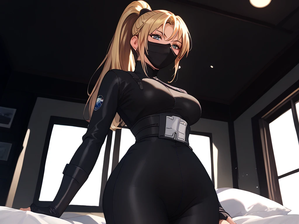                                                
                                   
 black body suit                       　            　 bed　                                　　　　　　　　　　      invited position 　 sexy　 showing private parts 　 open thighs　 　　　M-shaped legs　                      
   ecstatic expression　
Kaori Saeki　No hat　　　　　　                        
 long hair,  ponytail from below the surface, Blonde, ninja mask mouth mask