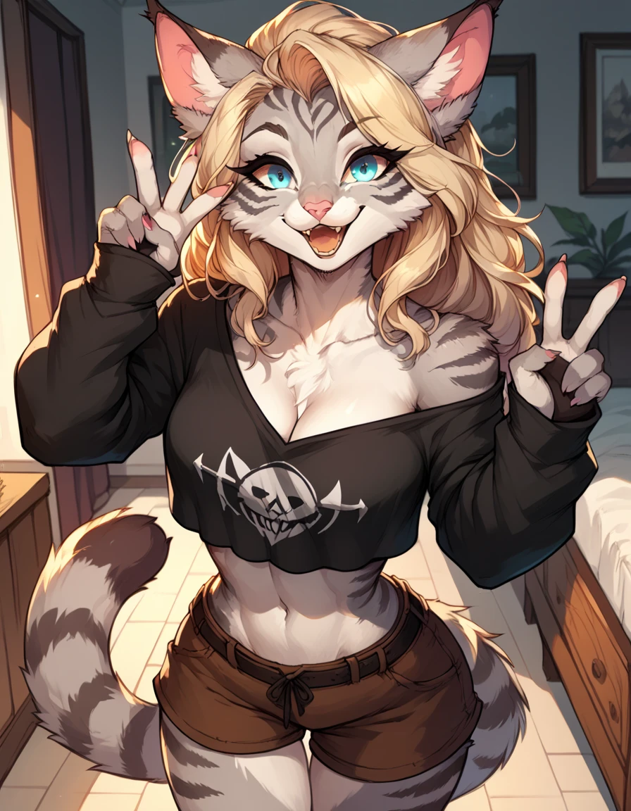 Solo, score_9,score_8_up,score_7_up, source_cartoon, source_furry, Kat, Anthro furry feline girl, tall body, hourglass figure, adult female, blue eyes, :3, snout, pink nose, silver furry body, grey tabby cat stripes, long blonde hair, ?????, wearing only black corset, on her knees, on a bed, paw pose, winking, smile brown background