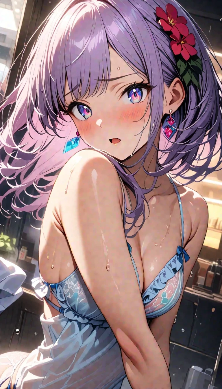 glowart: 1.0), (bright, sketch, drawing: 1.0), 1girl, bangs, blue eyes, blush, collarbone, hair between eyes, long hair, looking at the viewer, bra, open mouth, pink hair, portrait, shiny, shiny hair, side ponytail, solo, wet, wet hair