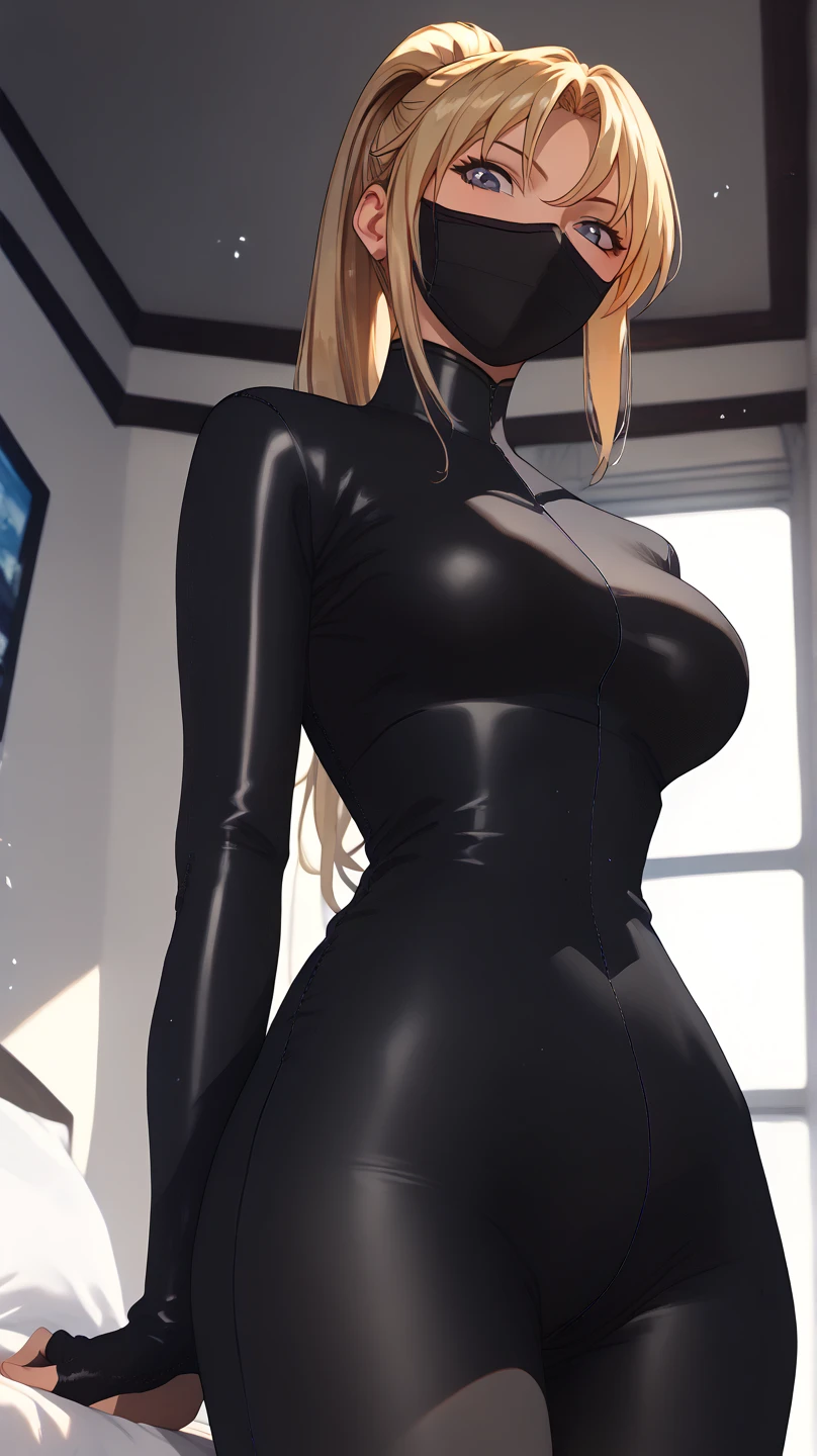                                                
                                   
 black body suit                       　            　 bed　                                　　　　　　　　　　      invited position 　 sexy　 showing private parts 　 open thighs　 　　　M-shaped legs　                      
   ecstatic expression　
Kaori Saeki　No hat　　　　　　                        
 long hair,  ponytail from below the surface, Blonde, ninja mask mouth mask