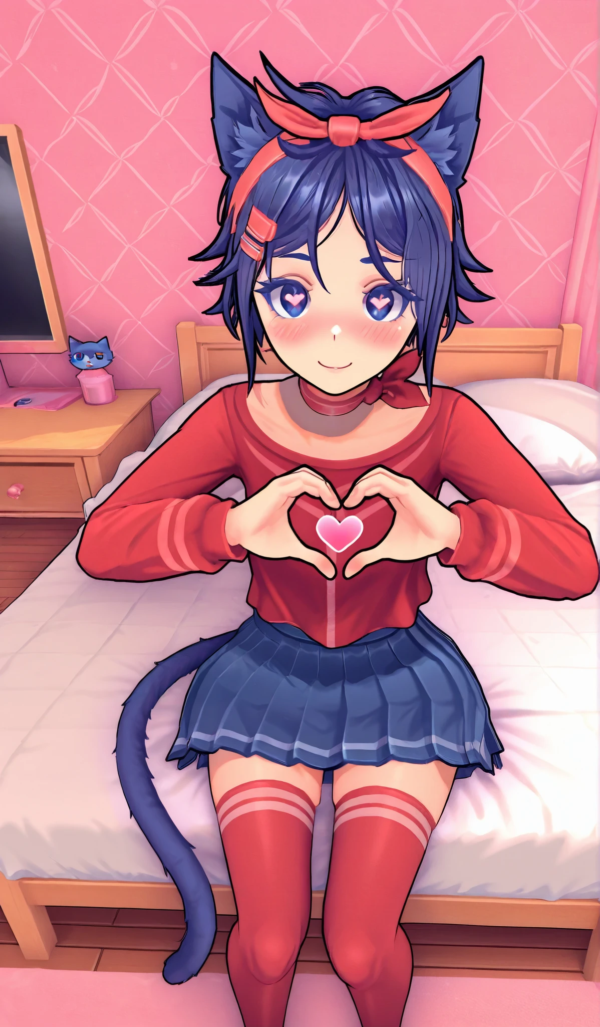 ShortHairMita, 1girl, short hair, hair bow, red shirt, pleated skirt, thighhighs,sitting on bed,cat girl, cat ears, cat tail, blush, cute smile, best quality, expressive eyes, perfect face,,heart hands, heart, cool detailed background, aestetic, 