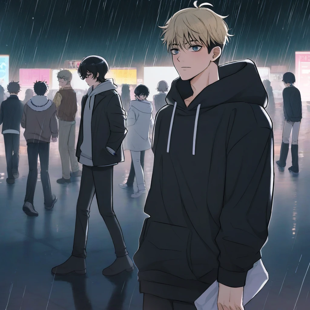 anime black and white art, joven muchacho cabello blanco, black cotton hoodie on ,  walking in the rain at night on my way home, sequence of images 