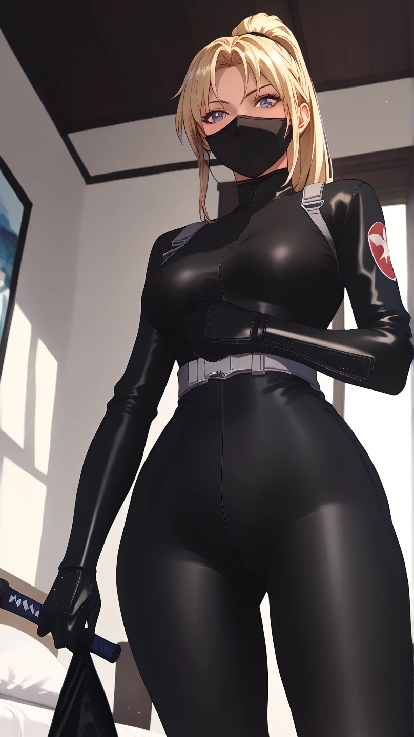                                                
                                   
 black body suit                       　            　 bed　                                　　　　　　　　　　      invited position 　 sexy　 showing private parts 　 open thighs　 　　　M-shaped legs　                      
   ecstatic expression　
Kaori Saeki　No hat　　　　　　                        
 long hair,  ponytail from below the surface, Blonde, ninja mask mouth mask