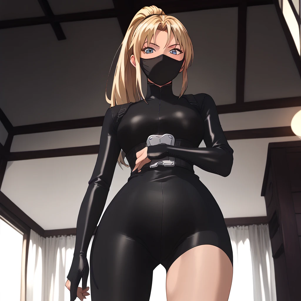                                                
                                   
 black body suit                       　            　 bed　                                　　　　　　　　　　      invited position 　 sexy　 showing private parts 　 open thighs　 　　　M-shaped legs　                      
   ecstatic expression　
Kaori Saeki　No hat　　　　　　                        
 long hair,  ponytail from below the surface, Blonde, ninja mask mouth mask