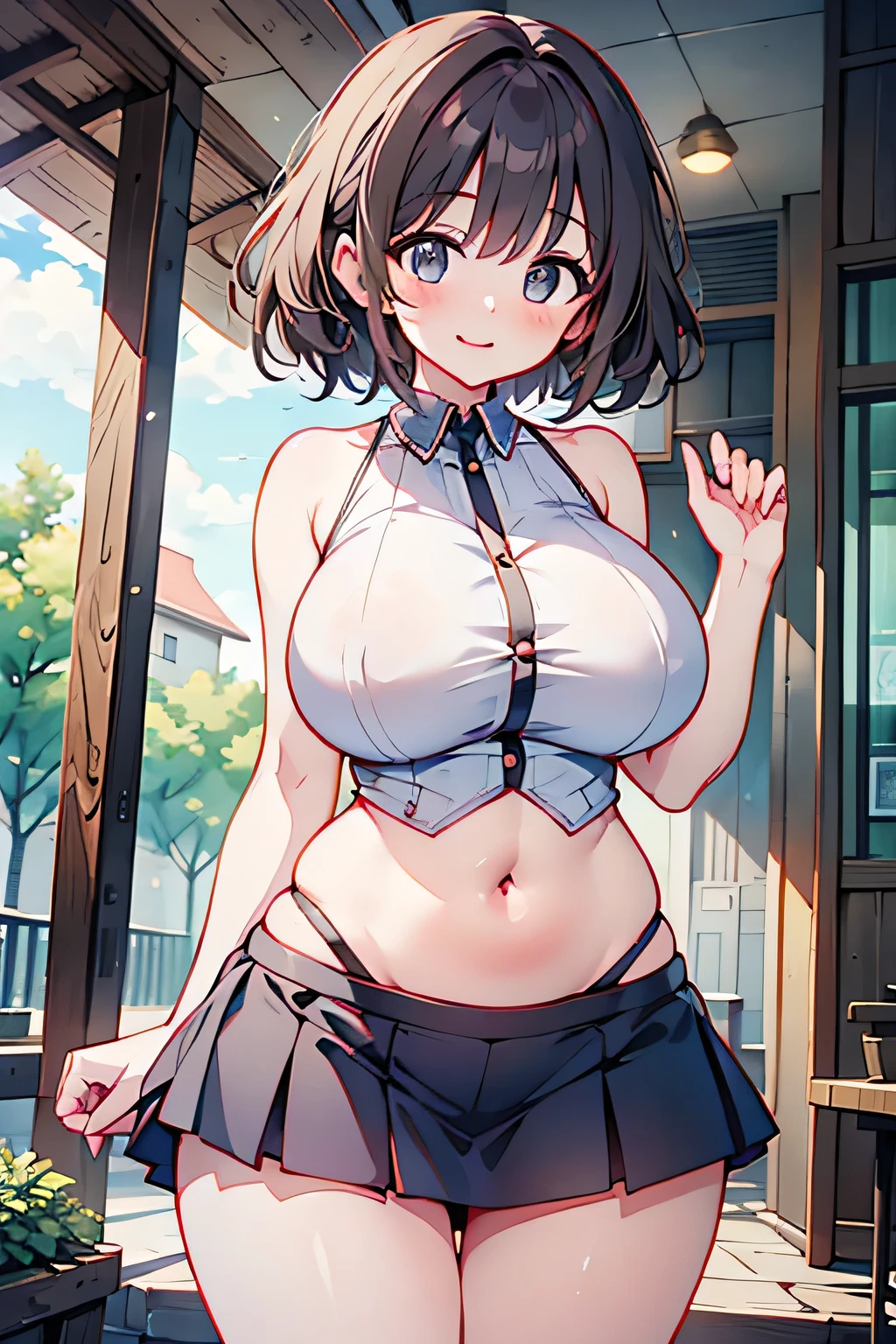  animated illustration、 High Resolution 、smile、 height 155 cm、Residential Street、Big breasted gal、 sleeveless shirt、 miniskirt 、 perfect proportions、 cowboy shots、 insanely big boobs、Fatty legs、Small belly button、Sharp Eyes、 hands correctly