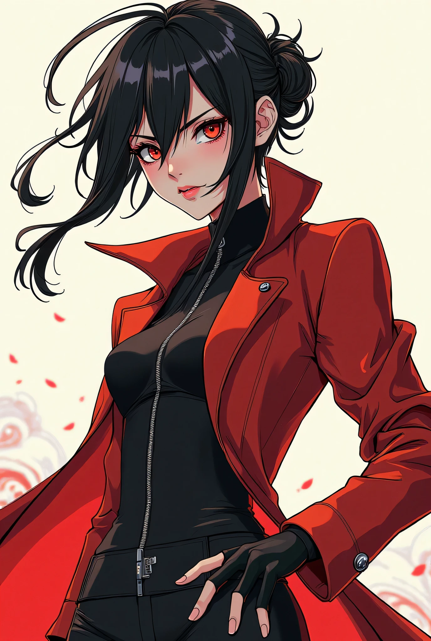 anime woman with short black hair and red eyes .