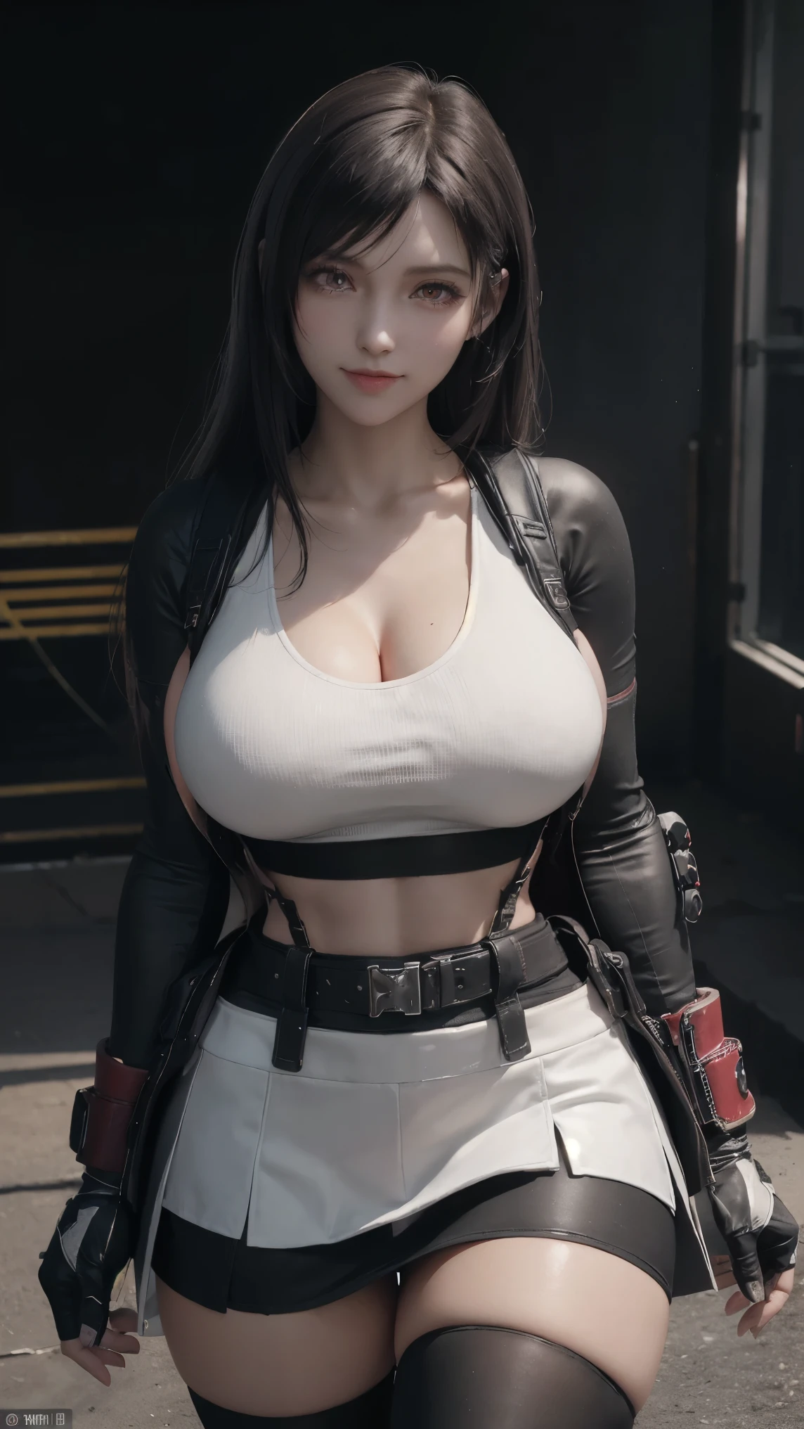 Tifa Lockhart,(best qualityer,4K,8k,high resolution,work of art:1.2)(weather: cloudy), nuclear facility background, nuclear reactor, white cropped top, elbow long sleeves, belt, black pleated mini skirt, black combat gloves, combat harness, thigh high stockings, combat boots, eyeliner, long wavy hair, black hair, ultra detailed, realistic, portrait,beautiful detailed red eyes, glowing eyes,blush,beautiful detailed lips,extremely detailed eye and face, long eyelashes, sexy,average, large breasts,beaming smile, sexy smile,powerful girl, combat pose, stunning curves,bright coloured,dramatic lighting, dirty body, hair flying,