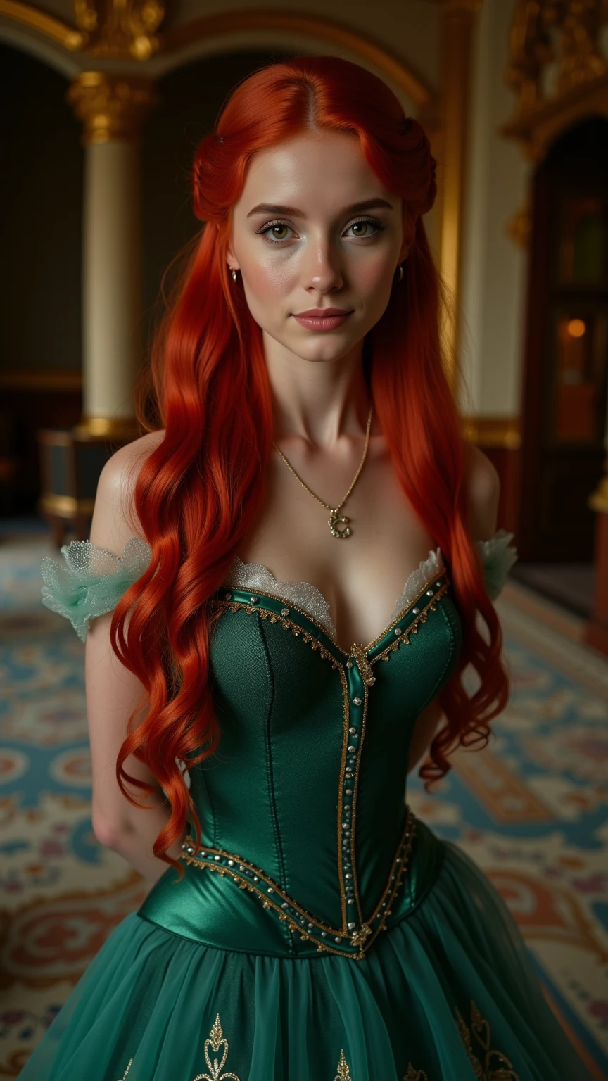 Very Close-up portrait of a demure figure, a teen  in a ariel costume, ornate ball gown, ((18 years old with tiny breasts; Disney princess Ariel costume; glued to the body; beautiful and elegant; tiny breasts; red hair swept to the side))) and piercing gaze, standing in a dimly lit palace room with ornate designs and a high ceiling, with just a hint of early morning sunlight peeking through the windows. She stands firm, hands clasped behind her back, as she gives a slight  smile. The lighting in the room is dim with a lot focus on her tiny breasts